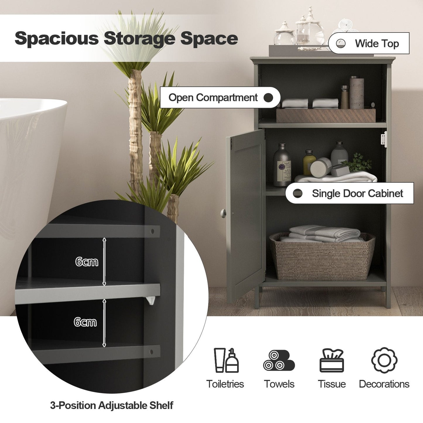 Bathroom Floor Single Door Side Cabinet with Open Compartment-Grey