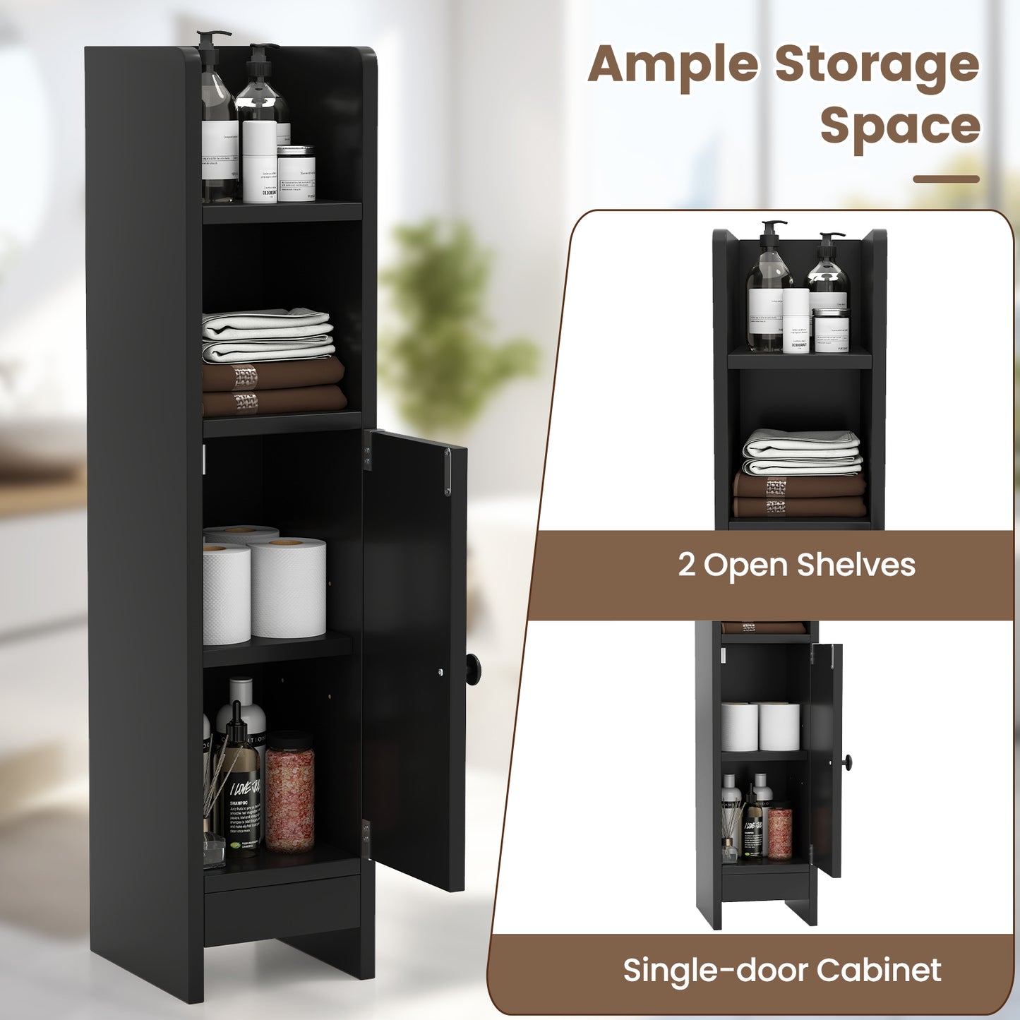 Bathroom Storage Cabinet with Door and Adjustable Shelves-Black