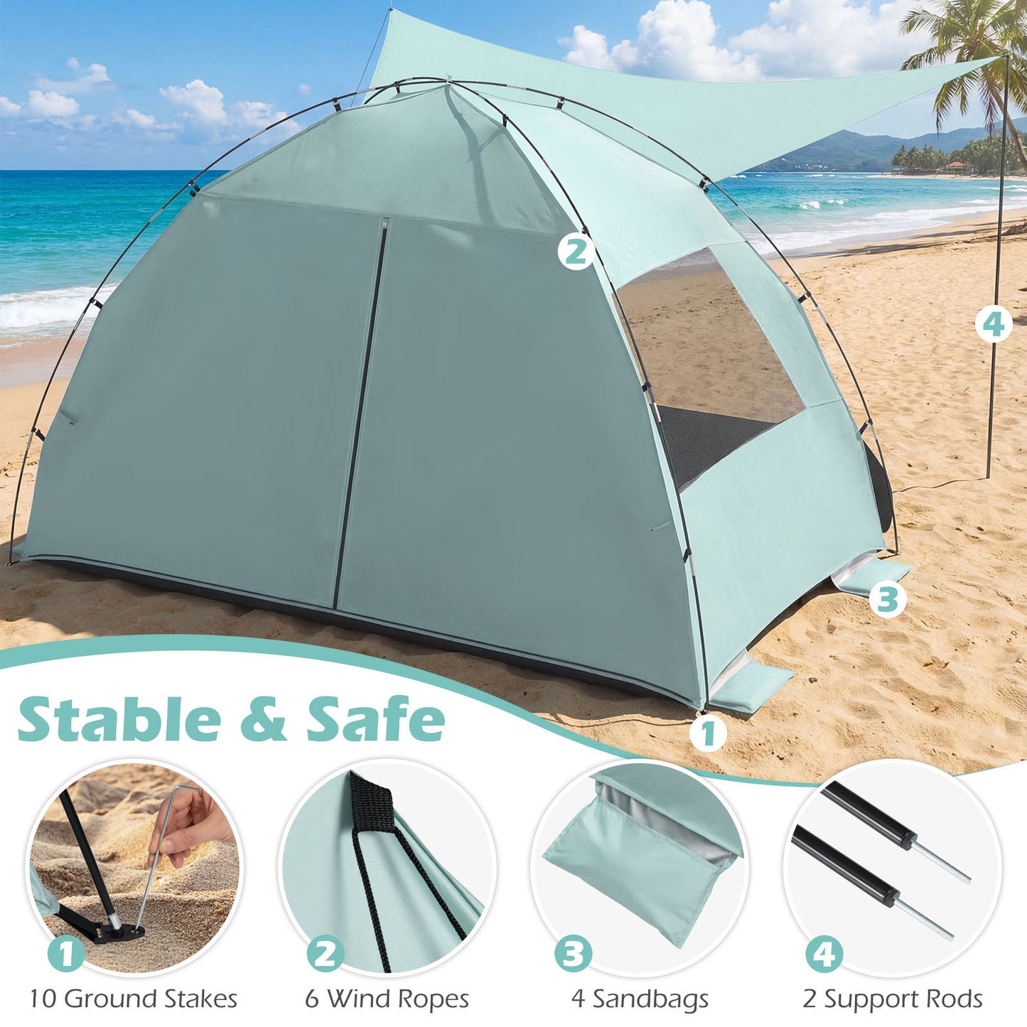 Beach Tent Sun Shelter with Canopy Carry Bag for 5-6 Person-Green