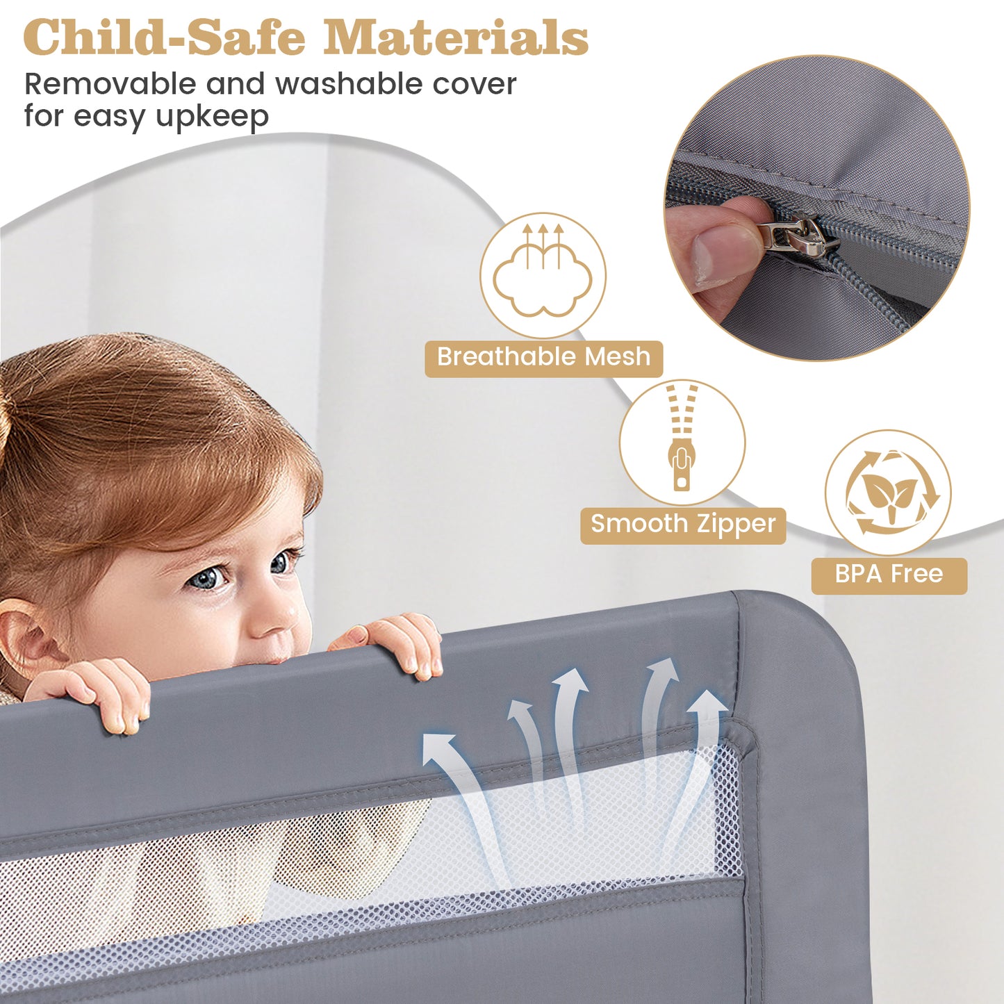 100 CM/120 CM Foldable Baby Bed Rail with Removable Washable Cover and Safety Strap-Grey-100 cm