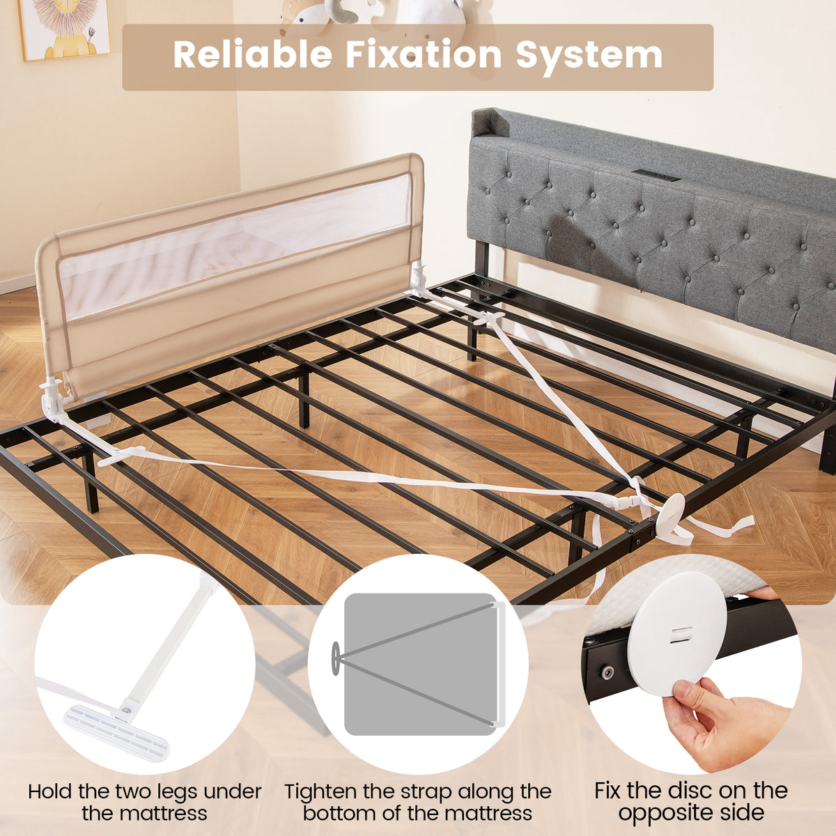 150CM Foldable Baby Bed Rail Guard with Washable Cover and Safety Strap-Beige