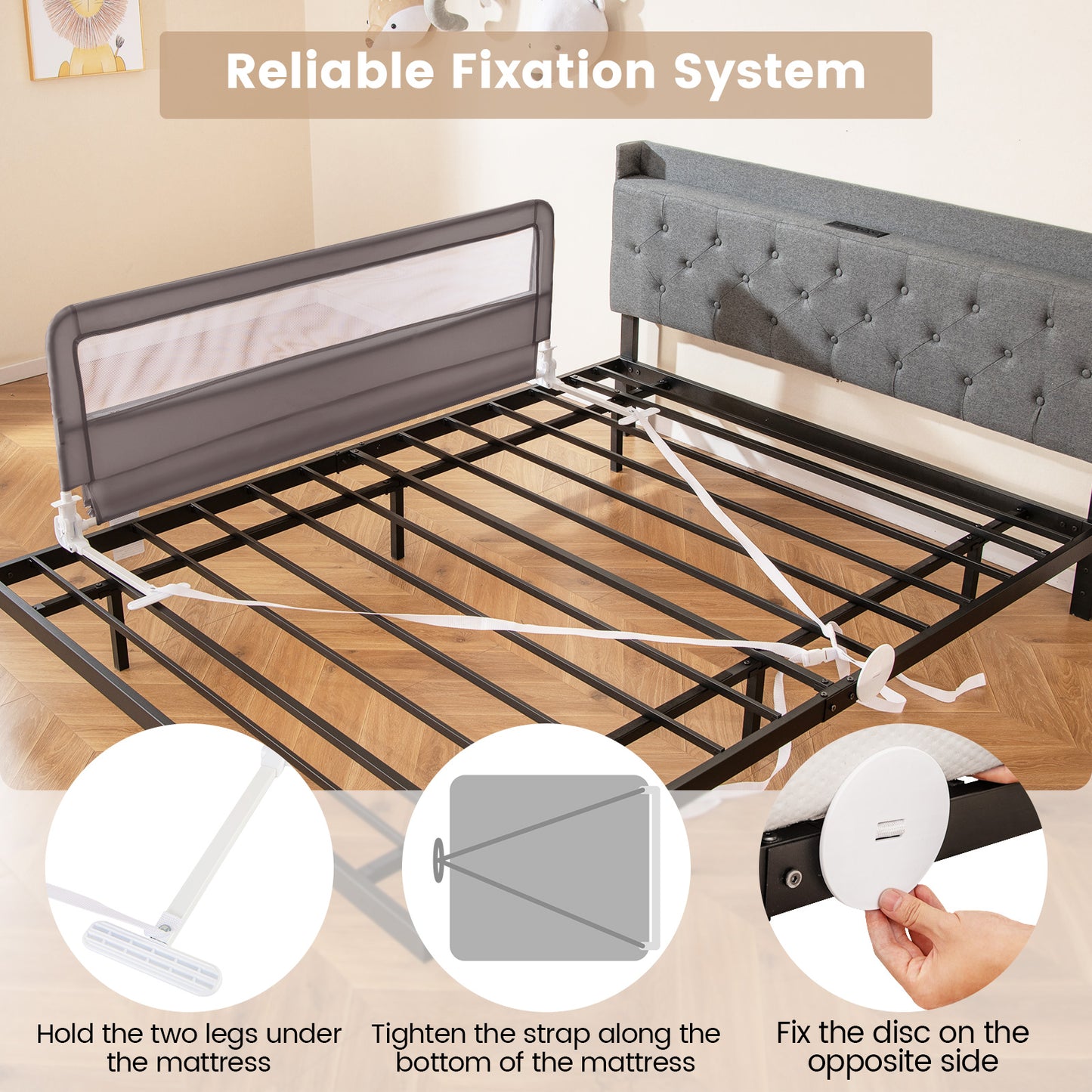 150CM Foldable Baby Bed Rail Guard with Washable Cover and Safety Strap-Grey