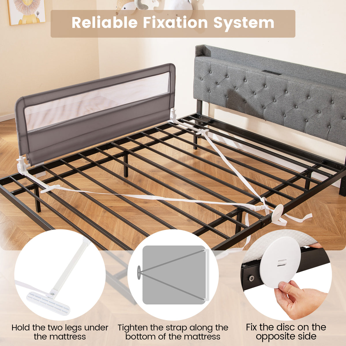 150CM Foldable Baby Bed Rail Guard with Washable Cover and Safety Strap-Grey