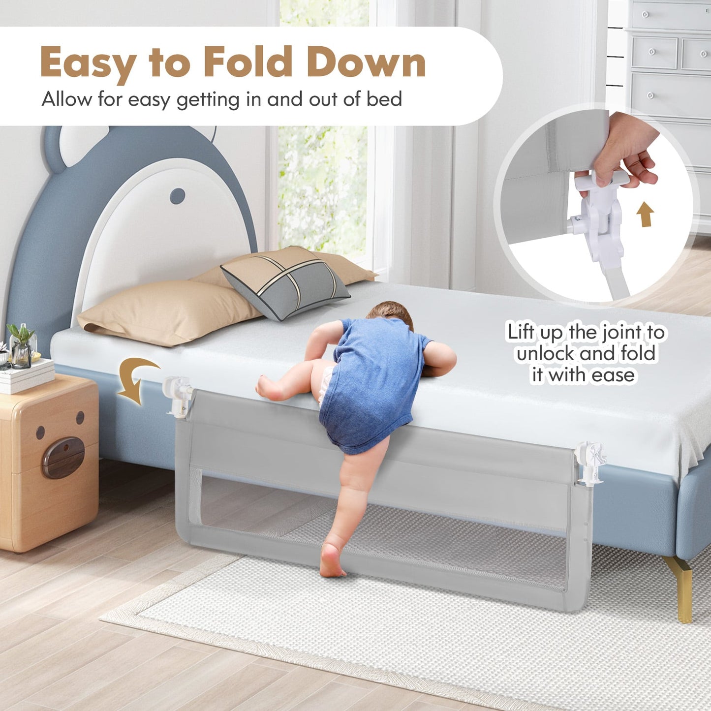150CM Foldable Baby Bed Rail Guard with Washable Cover and Safety Strap-Silver