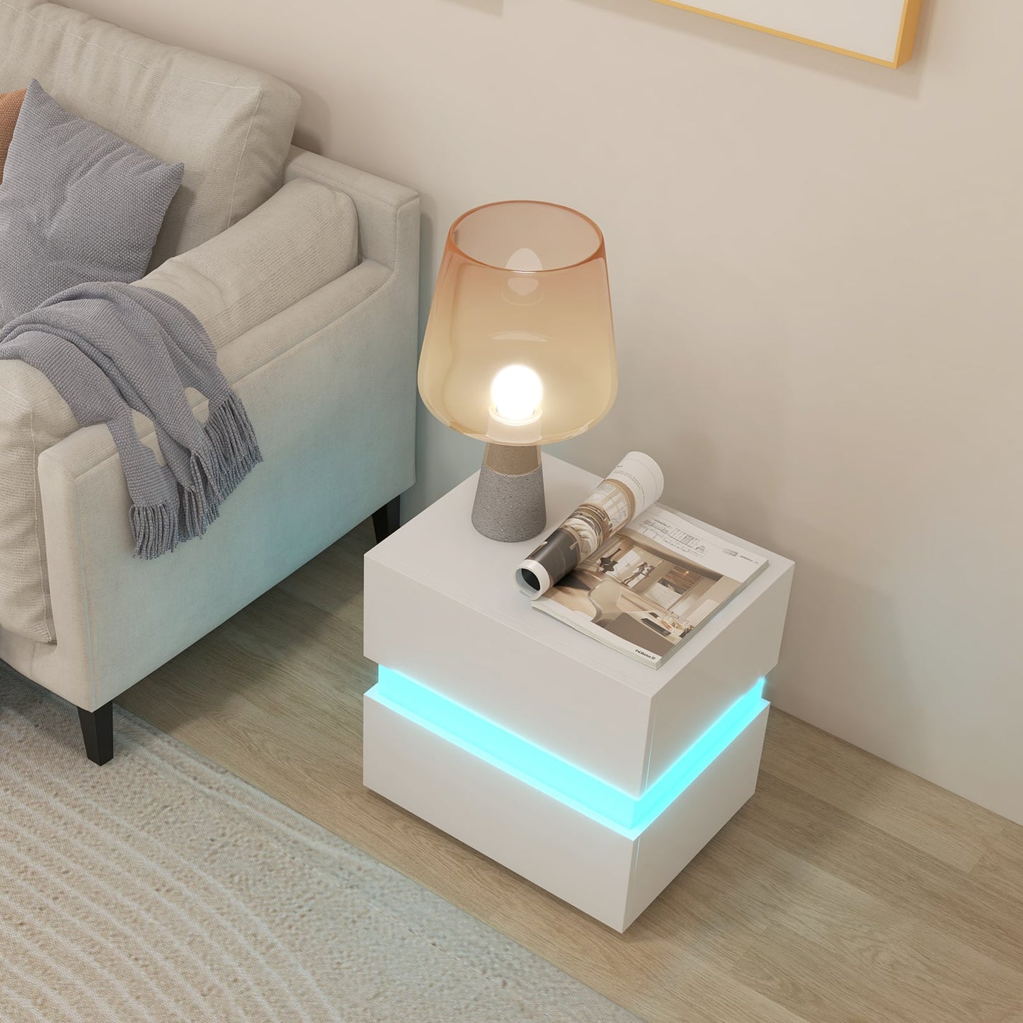 Bedside Table LED Nightstand with 2 Drawers-White