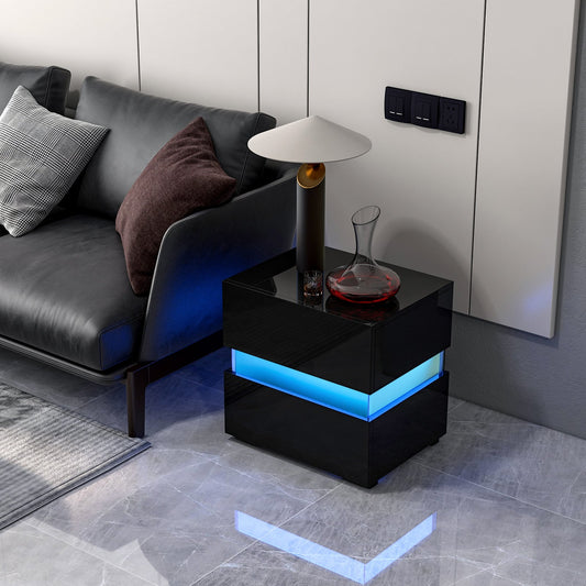 Bedside Table LED Nightstand with 2 Drawers-Black
