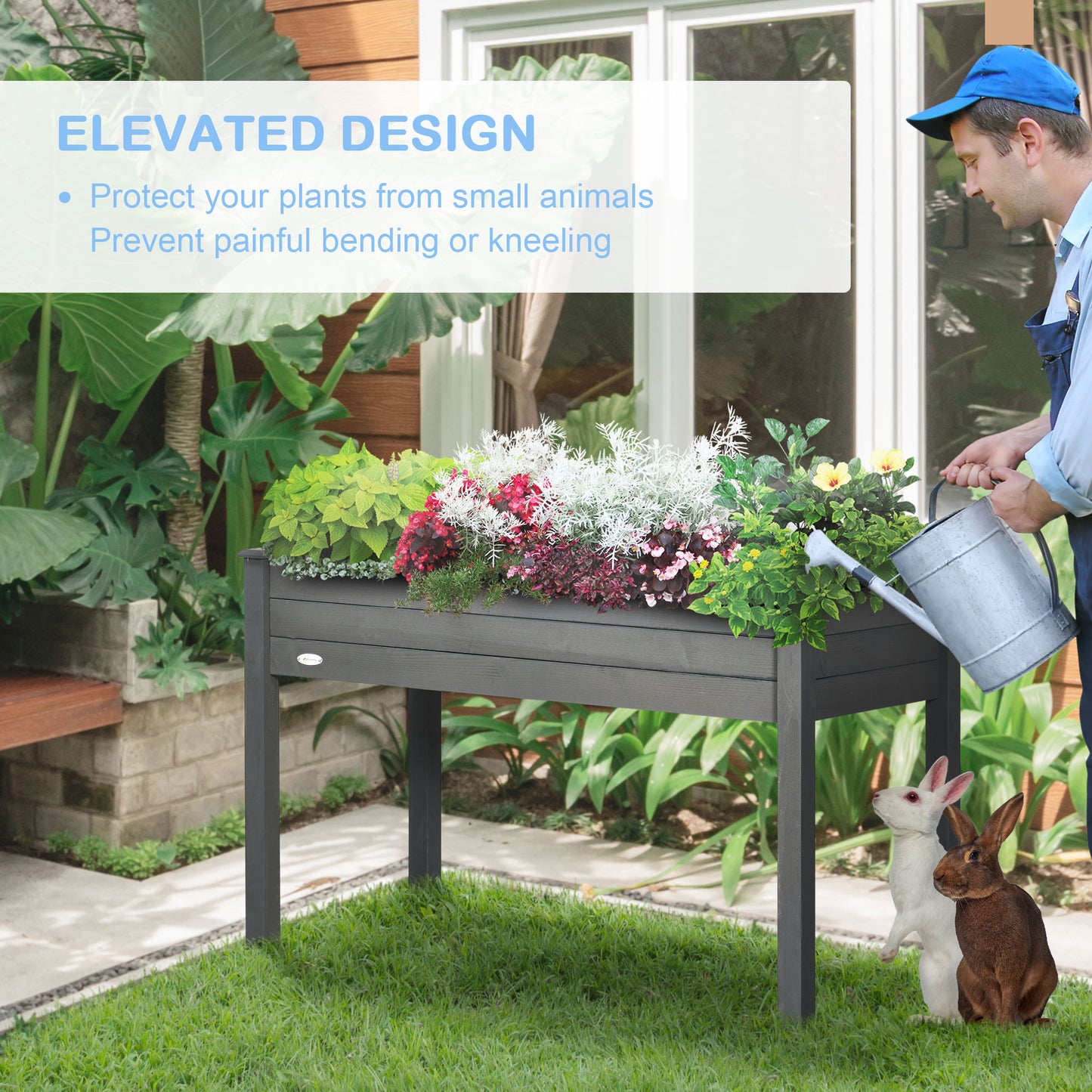 Outsunny Raised Bed for Garden, Wooden Elevated Planter Box with Bed Liner, for Flower Vegetable Herb, Dark Grey
