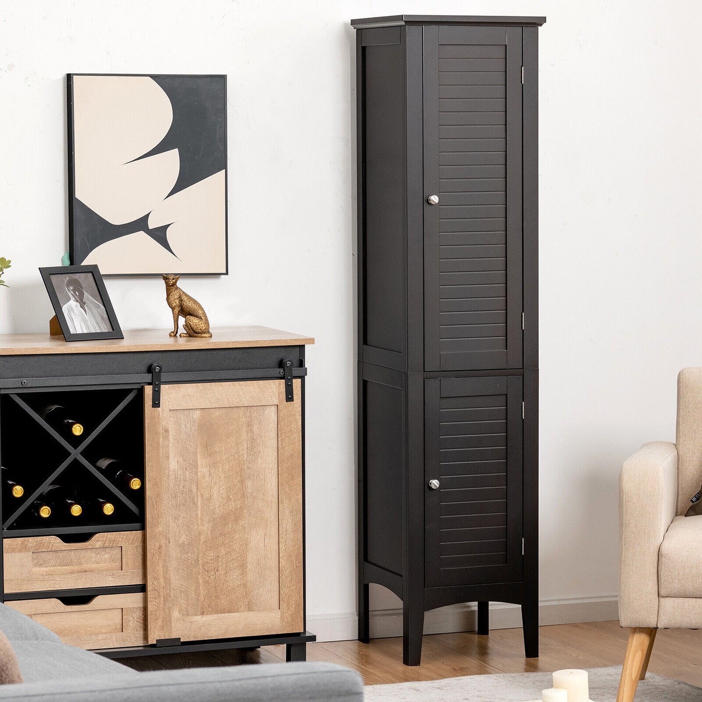 2-Door 160cm High Freestanding Bathroom Cabinet with 5-Tier Shelves-Black