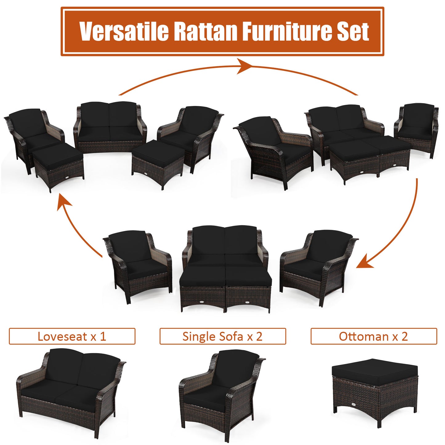 5 Pieces Patio Furniture Set with Removable Cushions and Strong Frame-Black