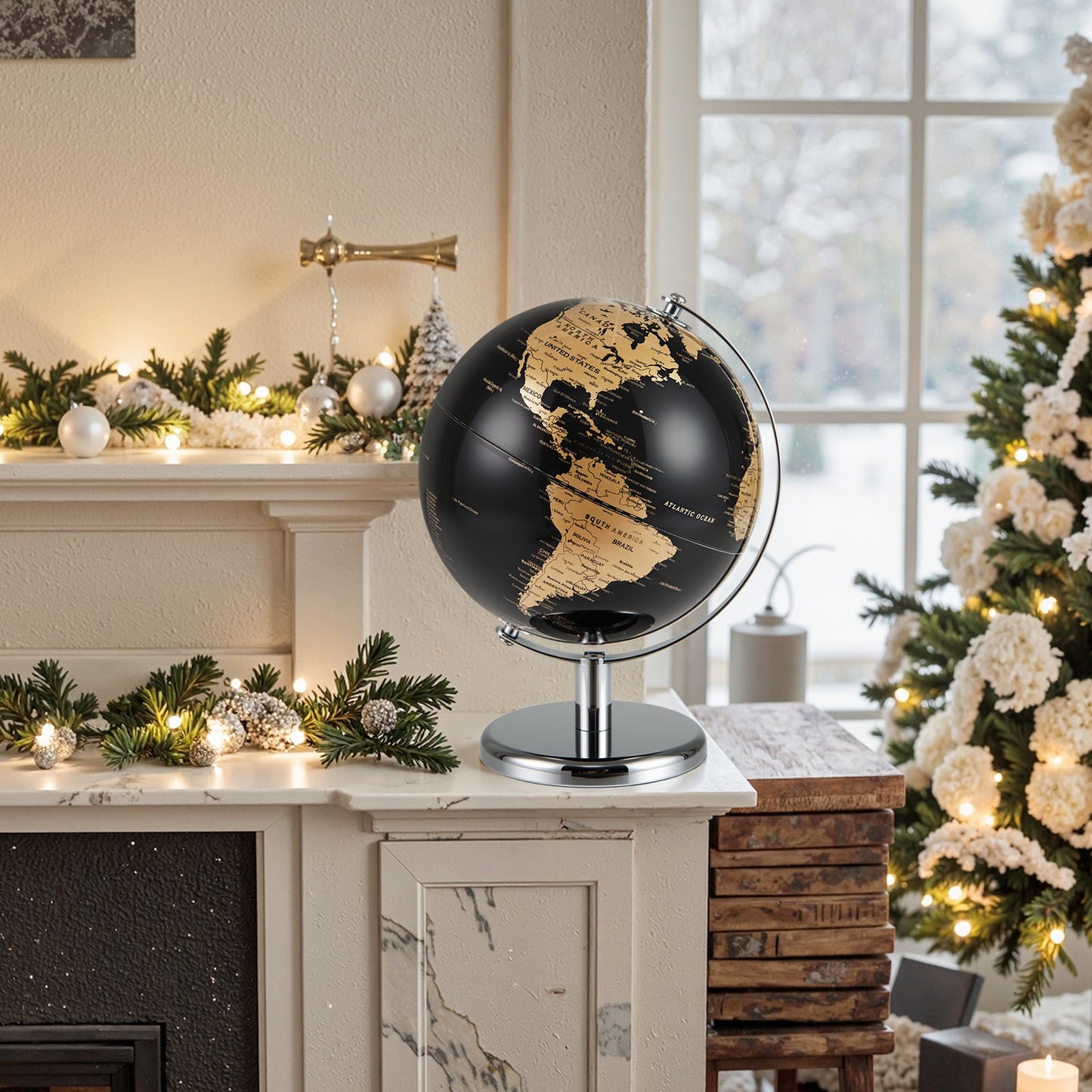 20CM Rotating Metallic Black World Globe with Metal Stand for Home School-Golden