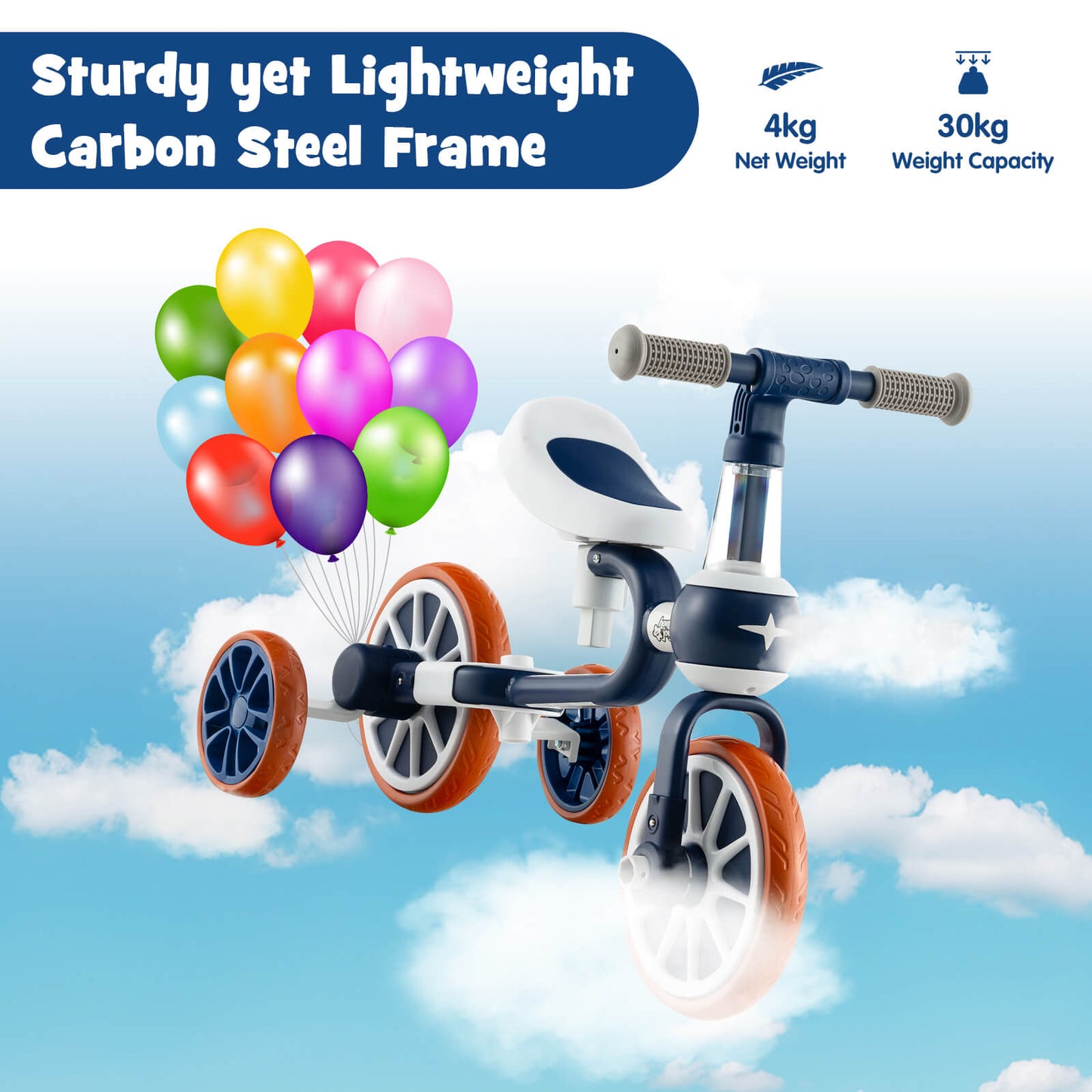4-in-1 Multifunctional Kids Training Balance Trike wih Adjustable Push Handle-Navy