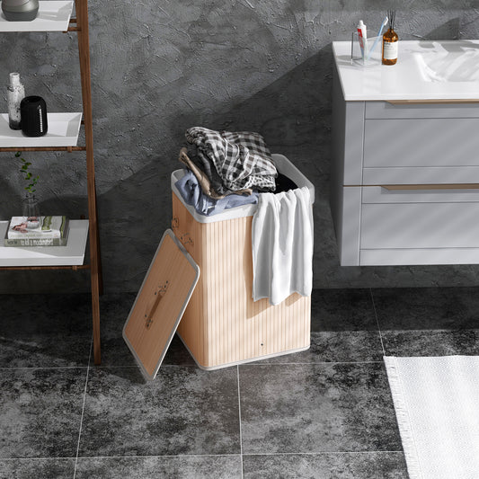HOMCOM 70L Collapsible Bamboo Laundry Hamper Organizer Clothes Washing Basket Bin Storage Box w/ Lid Removable Lining 40x30x60cm