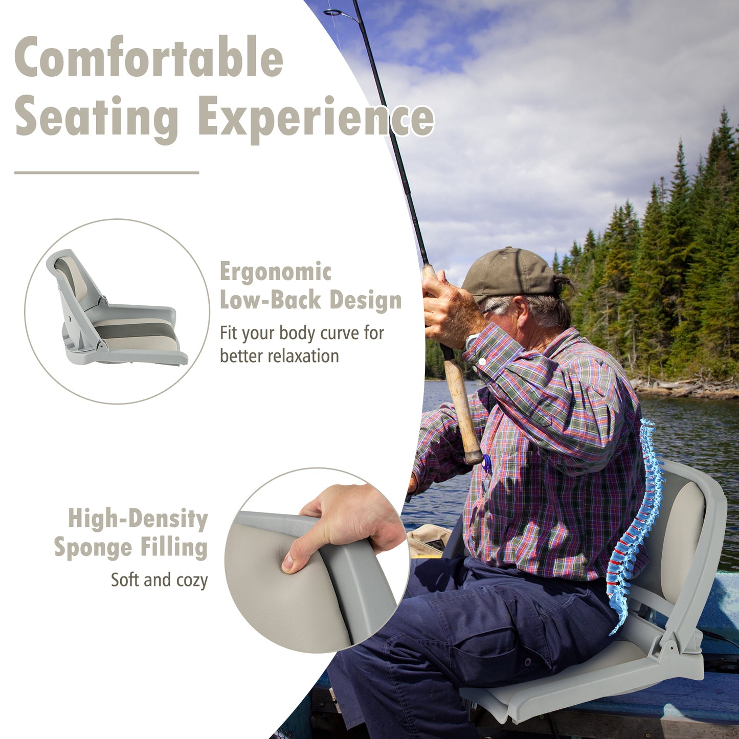 Folding Low Back Boat Seat with Mounting Hardware for Fishing-Grey