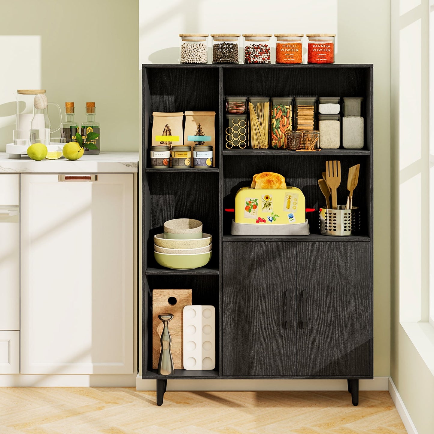 Bookcase with 5 Open Compartments and Double Doors Storage Cabinet-Black
