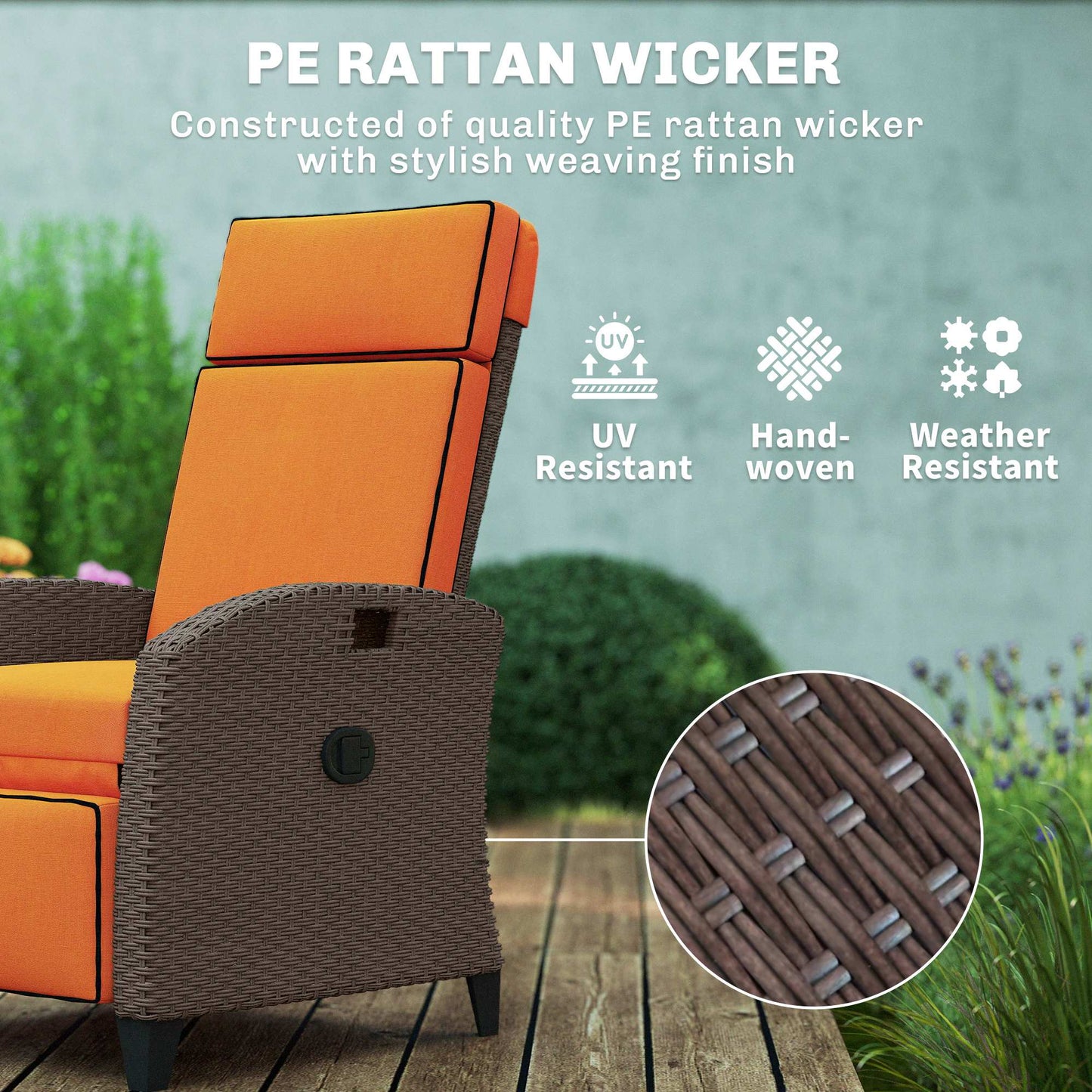 Outsunny Garden Recliner with Cushion, Outdoor Recliner Chair with Adjustable Backrest & Footrest, Side Tray, Orange