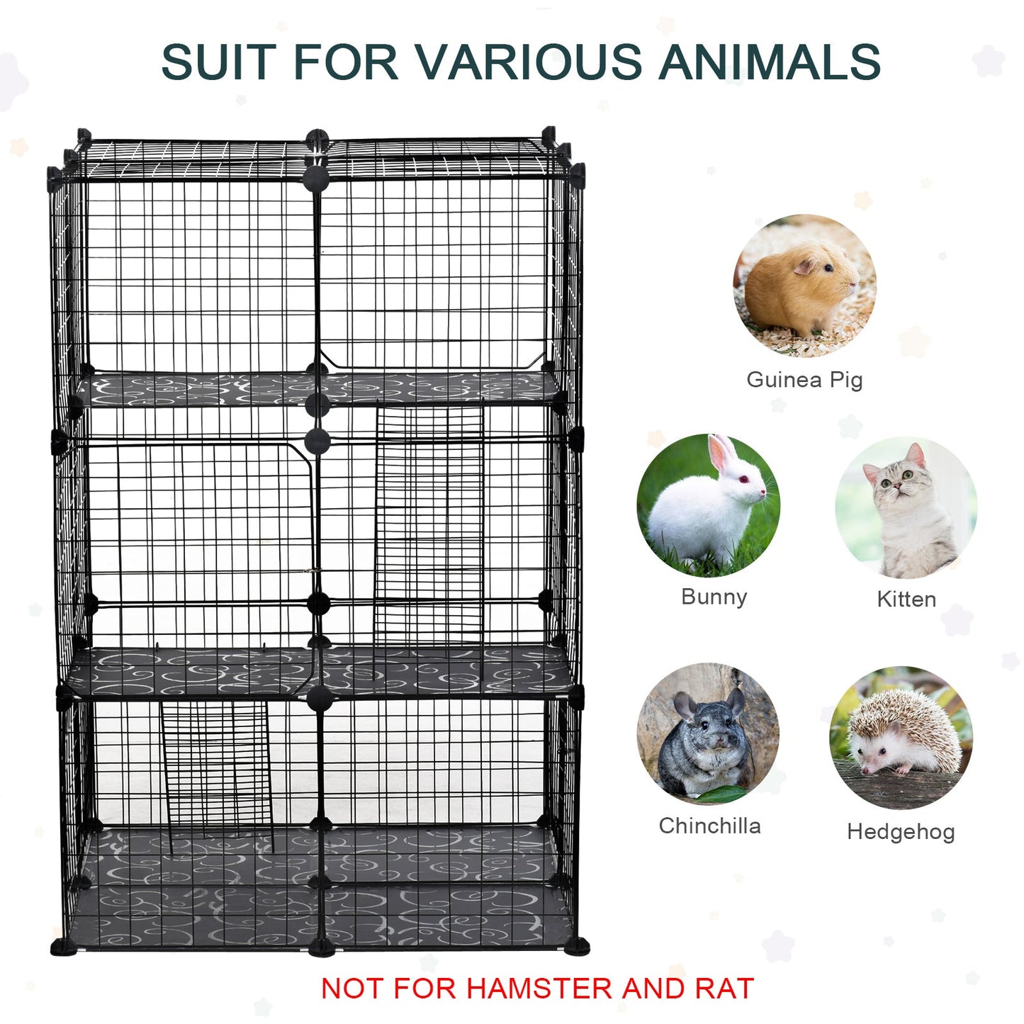 PawHut Pet Playpen DIY Small Animal Cage Enclosure Metal Wire Fence 39 Panels with 3 Doors 2 Ramps for Kitten Bunny Chinchilla Pet Mink Black