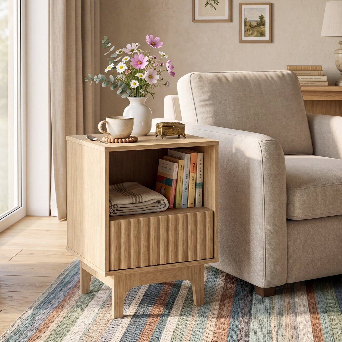 Brooklyn Fluted Modern Nightstand Set of 2 with Compartment-Natural