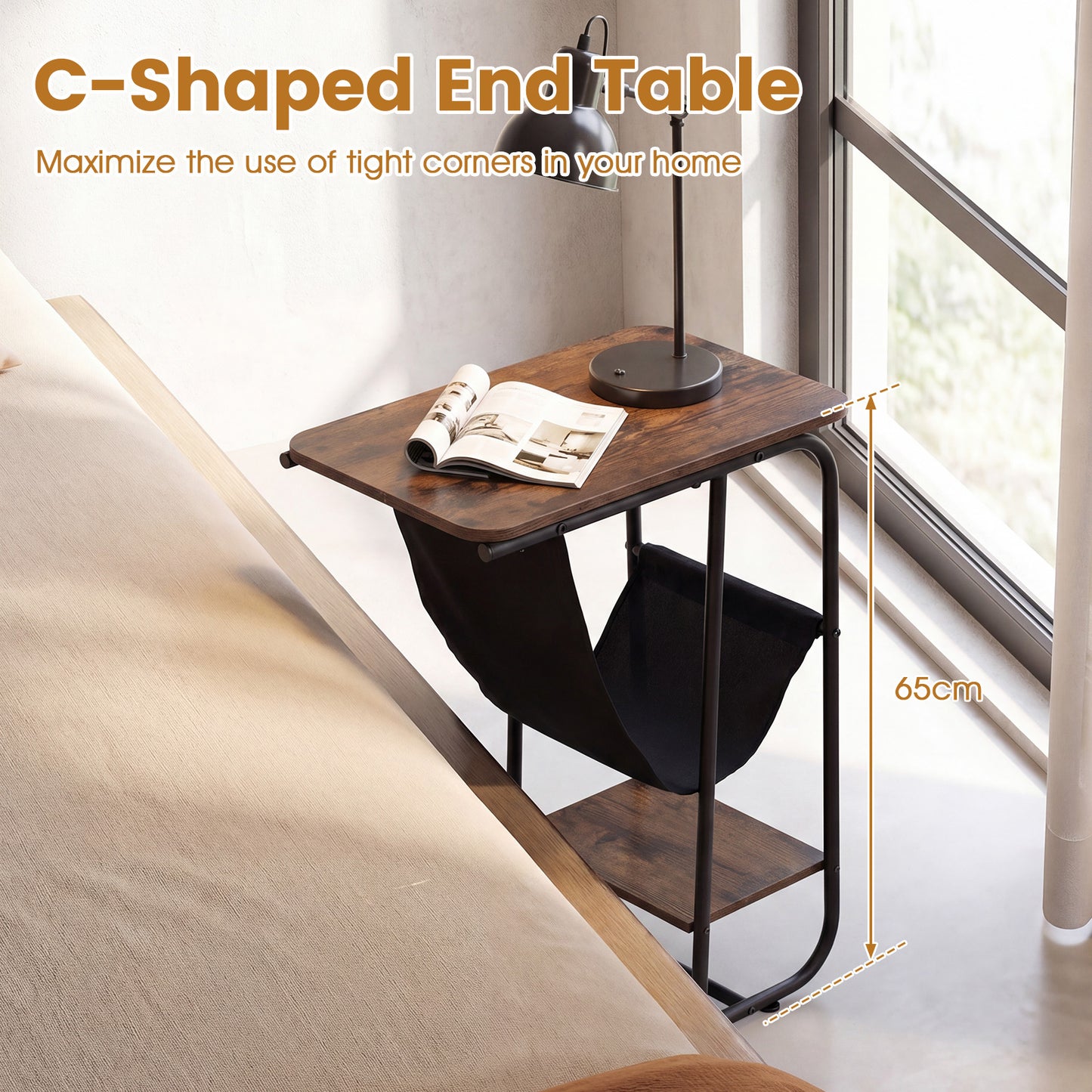 C-Shaped End Table with Canvas Book Holder and Bottom Storage Shelf-Ruticbrown