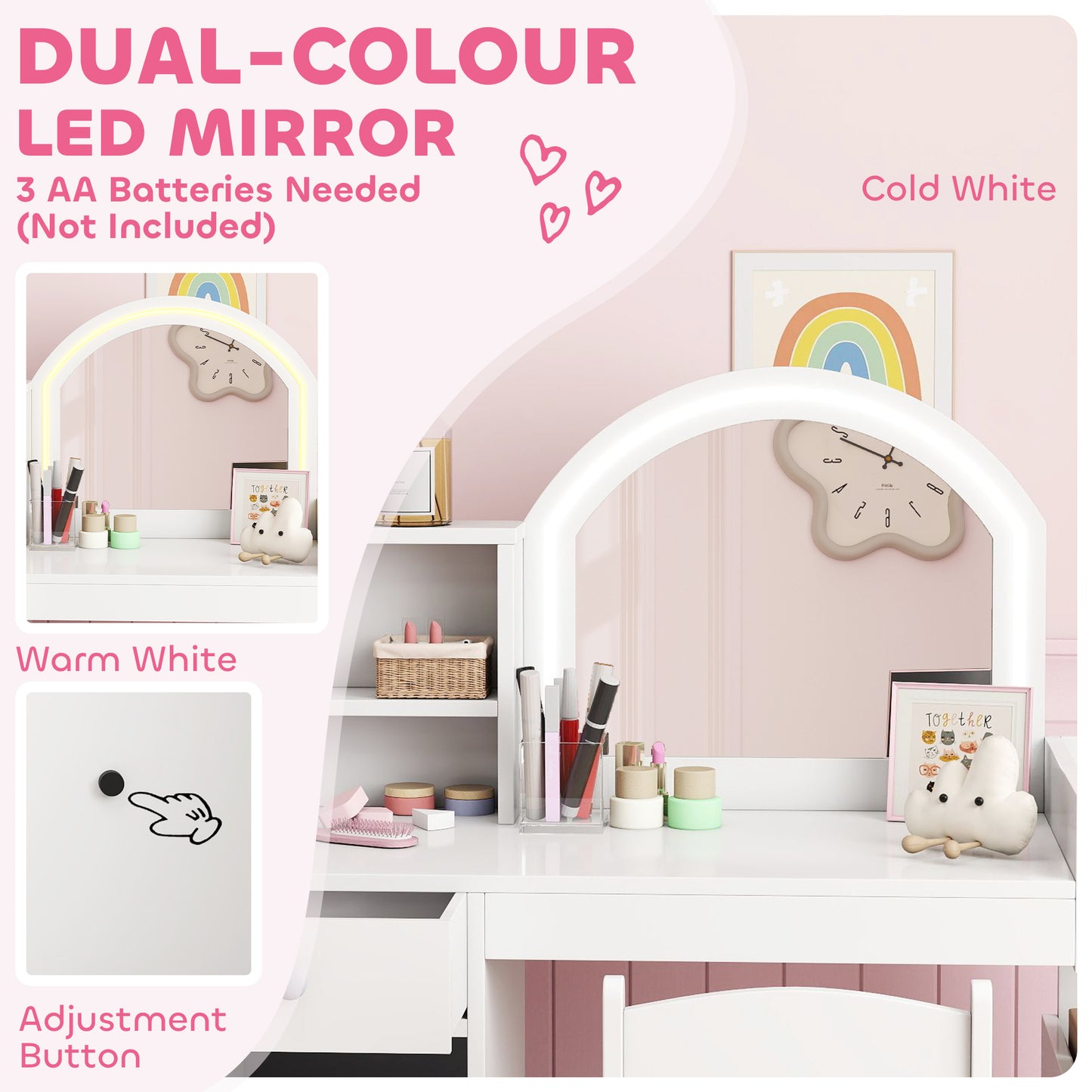 AIYAPLAY Kids Vanity Table and Chair Set, Girls Dressing Table with 2-Colour LED Mirror, Stool, Cabinet, Drawer, Shelves, White