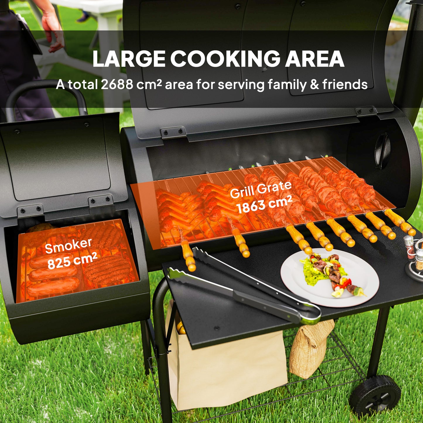 Outsunny Barbecue Grill Portable Outdoor Charcoal BBQ Grill with Offset Smoker 109 x 60 x 120 cm Black