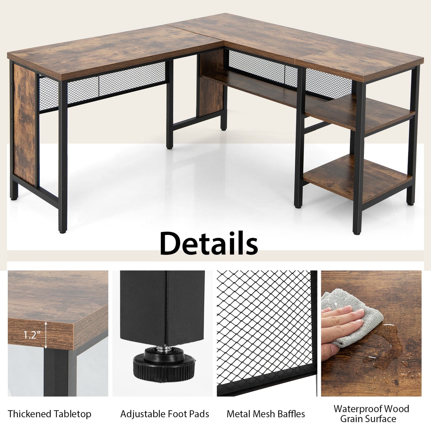 150 x 140 x 75cm Large Corner L-Shaped Computer Desk with 3 Storage Shelves-Rustic Brown