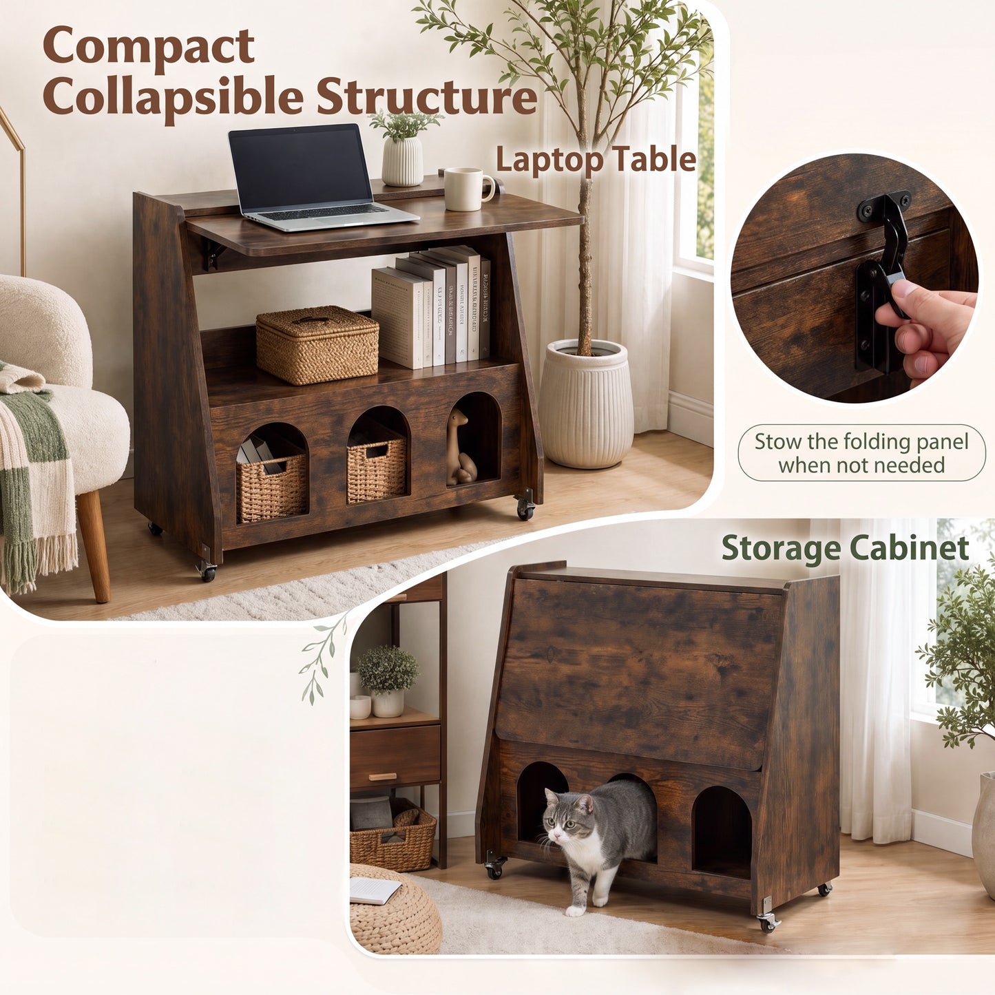 Folding Desk on Wheels with Storage Shelves and Compartments for Small Spaces-Rustic Brown