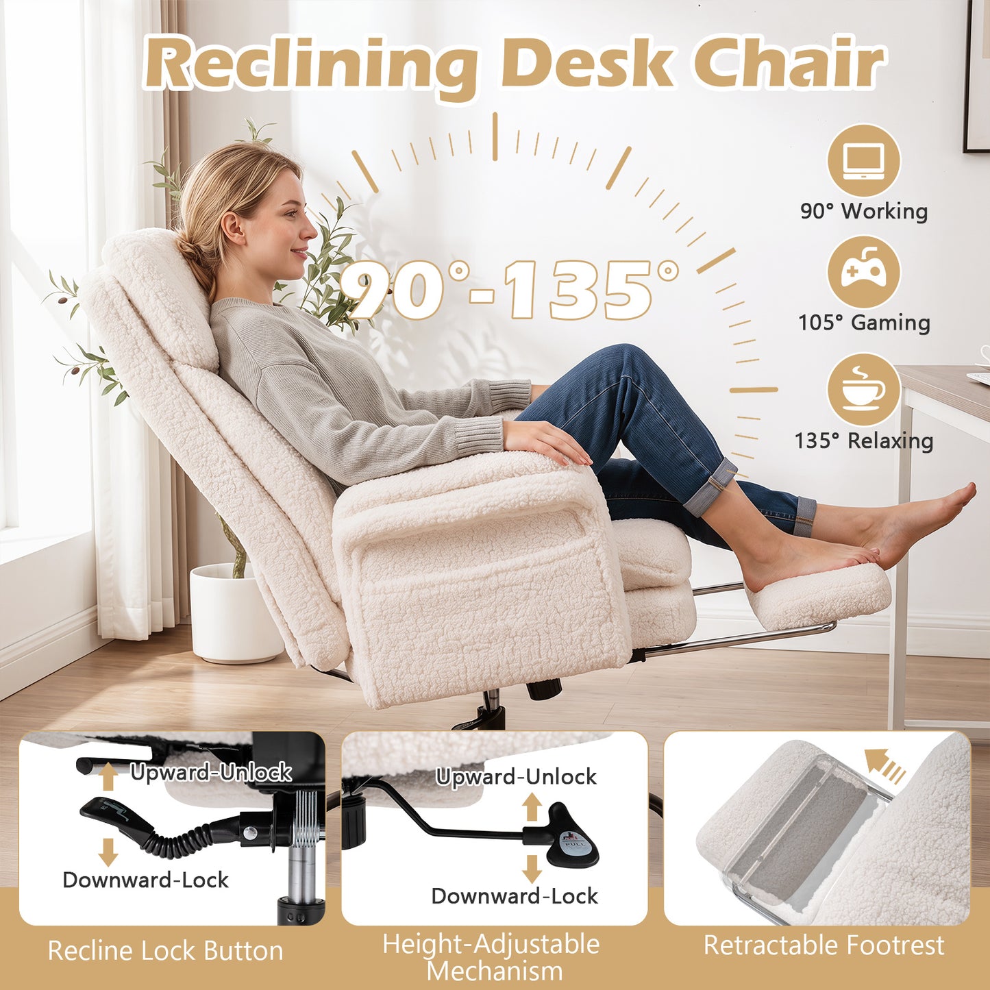 Ergonomic Cross Legged Office Chair with Retractable Footrest Adjustable Armrests for Home Office-White