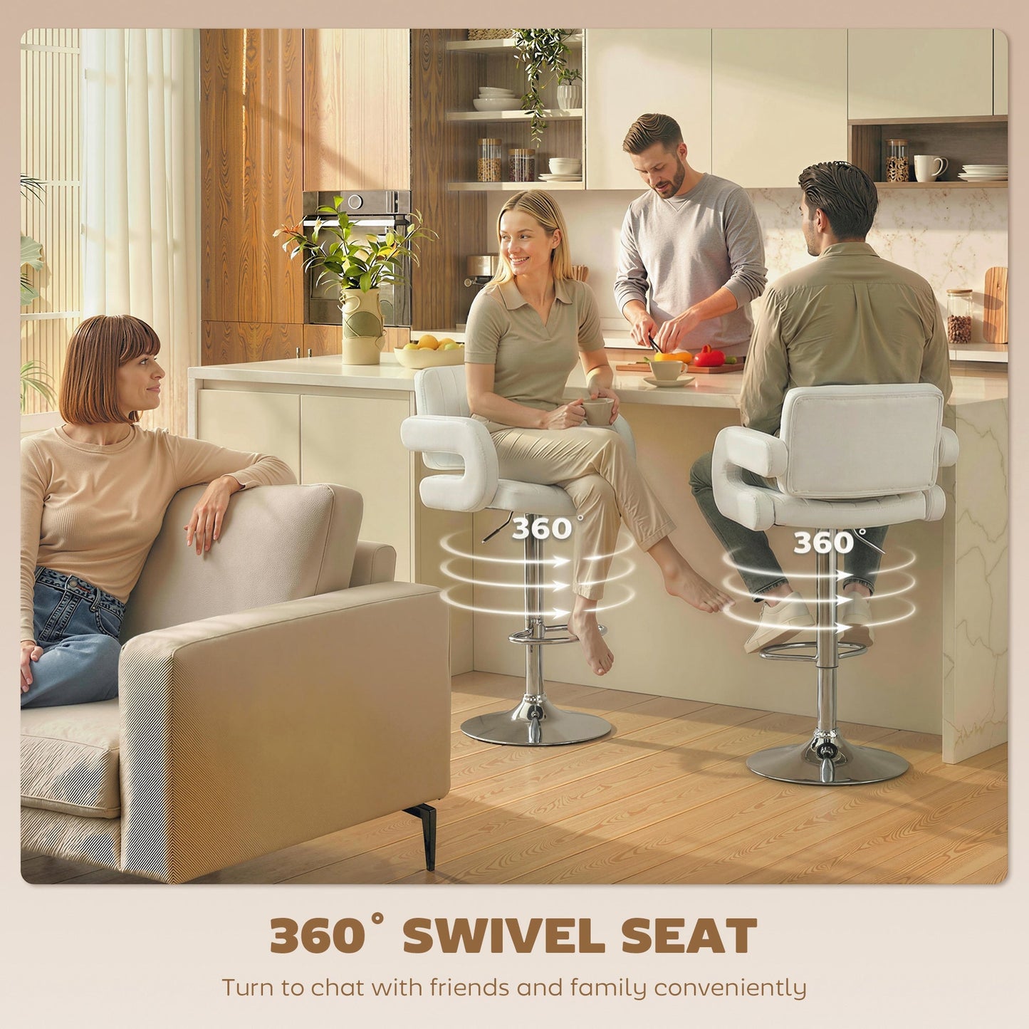 HOMCOM Bar Stools Adjustable Swivel Kitchen Chairs with Backrest Armrest Set of 2 PU Leather White