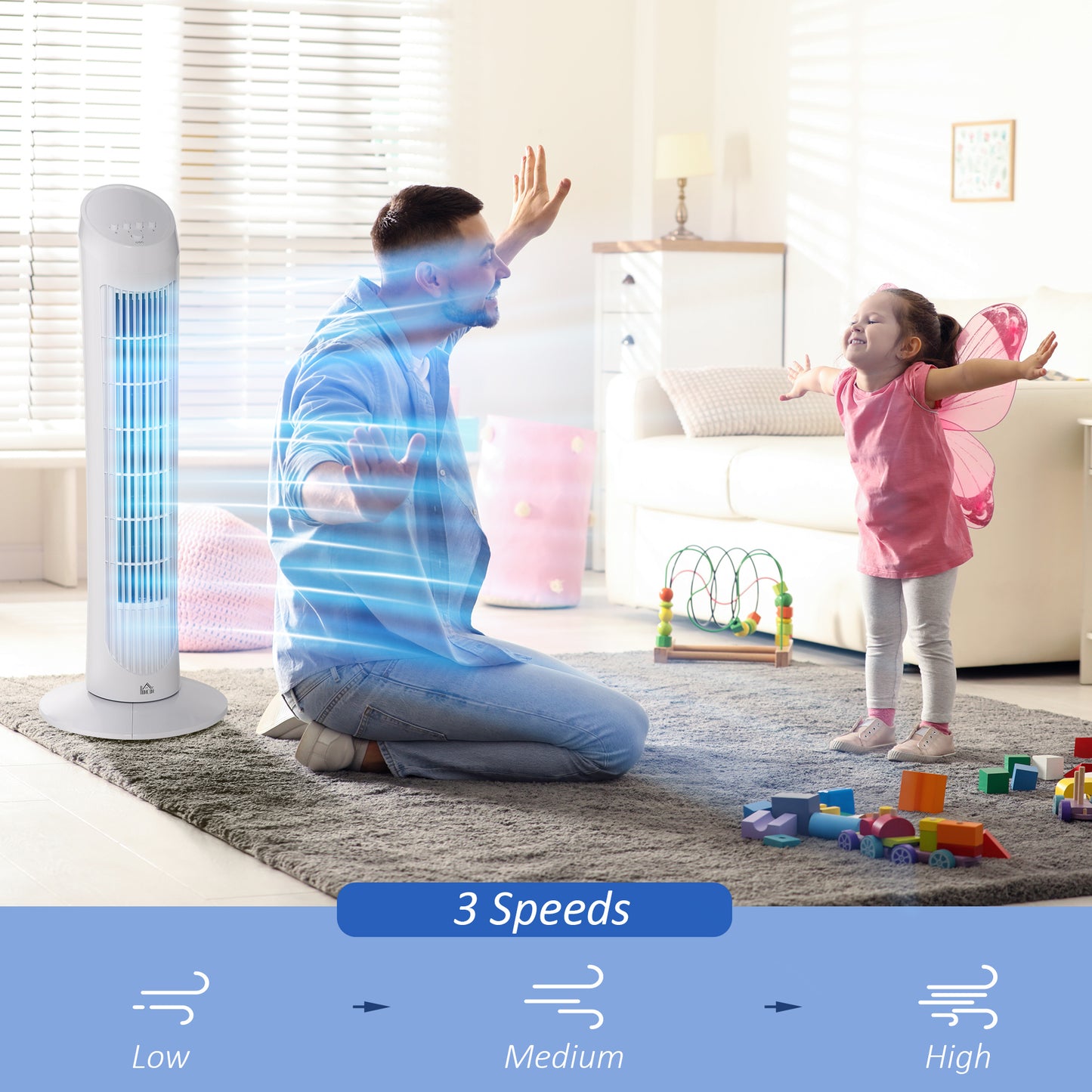 HOMCOM Tower Fan for Bedroom Cooling, 30 Inch Electric 70° Oscillating Fan with 3 Speed Settings, Standing Floor Fan for Home Office Indoor, White