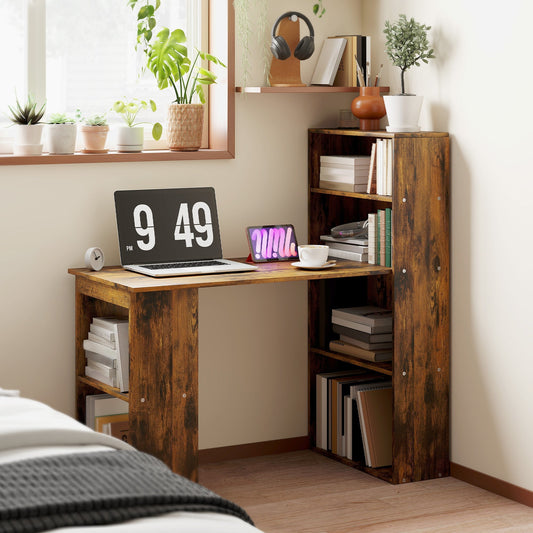 HOMCOM 120cm Computer Desk, Wooden PC Laptop Table with 6-Tier Storage Bookshelves, Home Office Working Study Desk, Writing Workstation, Rustic Brown Wood-Effect
