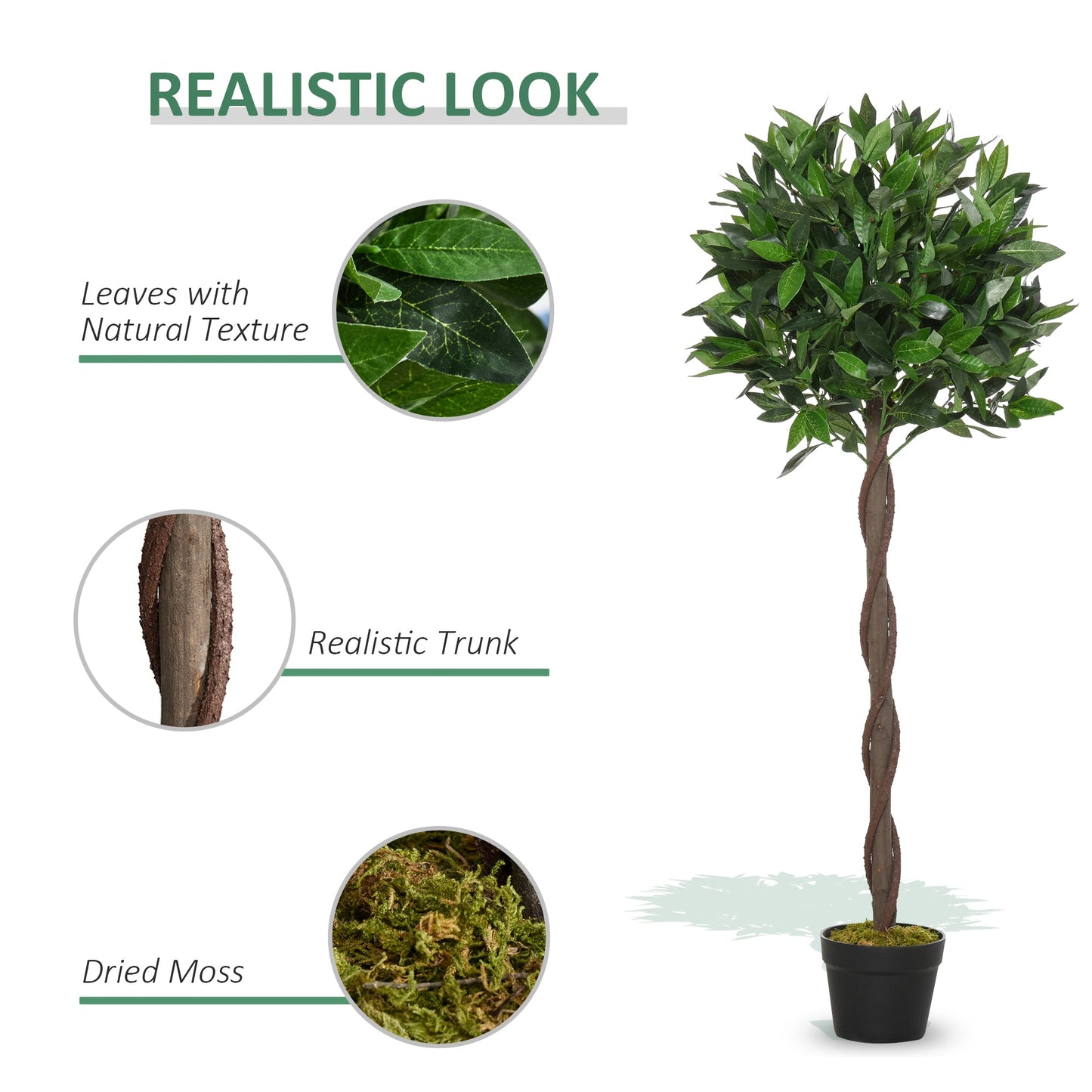 Outsunny Artificial Bay Laurel Topiary Trees w/ Pot Fake, Set Of 2 120cm/4FT Indoor Greenery Plant Home Office Garden Decor Green