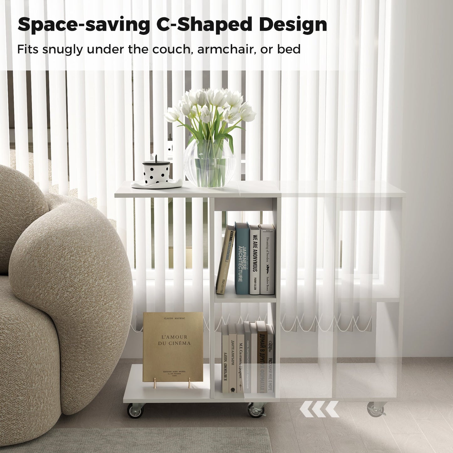 C-Shaped End Table Narrow Side Table with Storage Shelves-White
