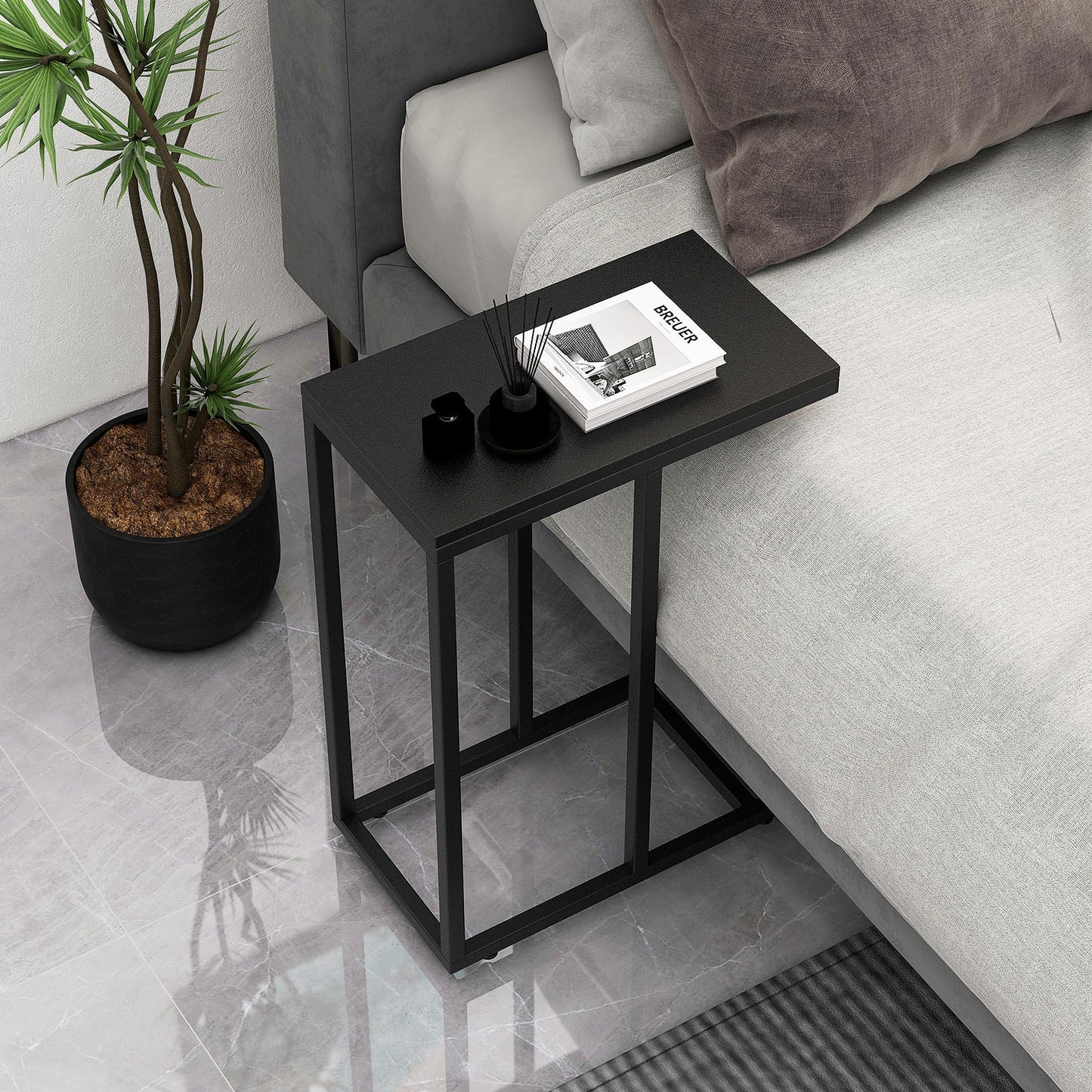 C-Shaped End Table for Couch and Bed with Metal Frame-Black