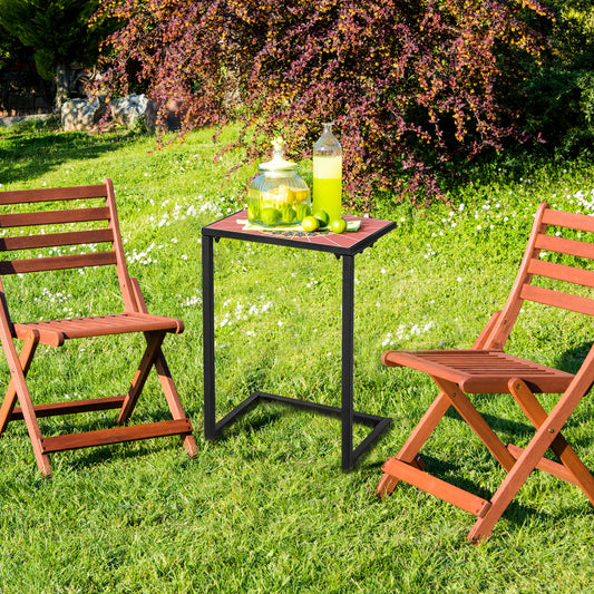 C-shaped Outdoor Side Table with Ceramic Top and Metal Frame