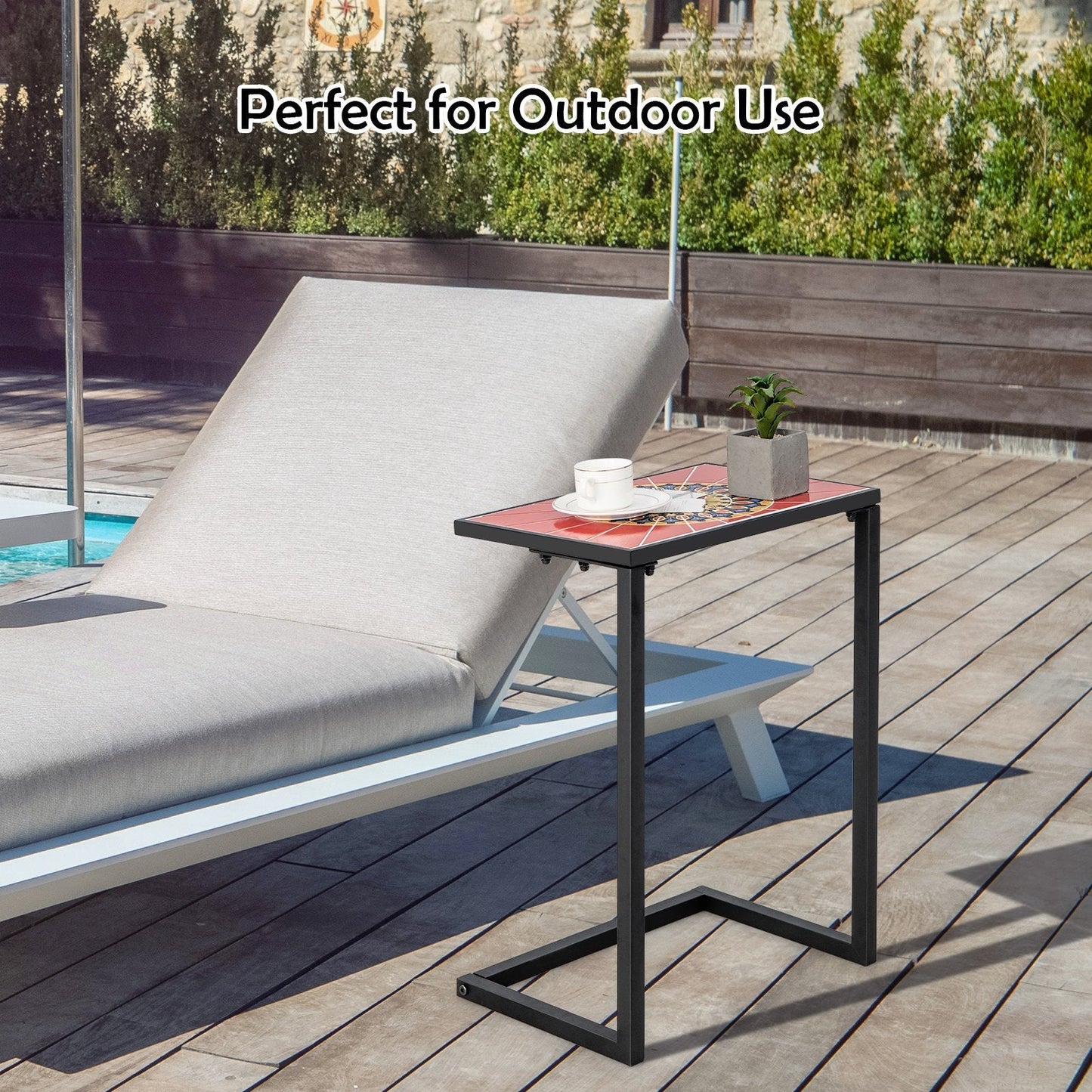 C-shaped Outdoor Side Table with Ceramic Top and Metal Frame