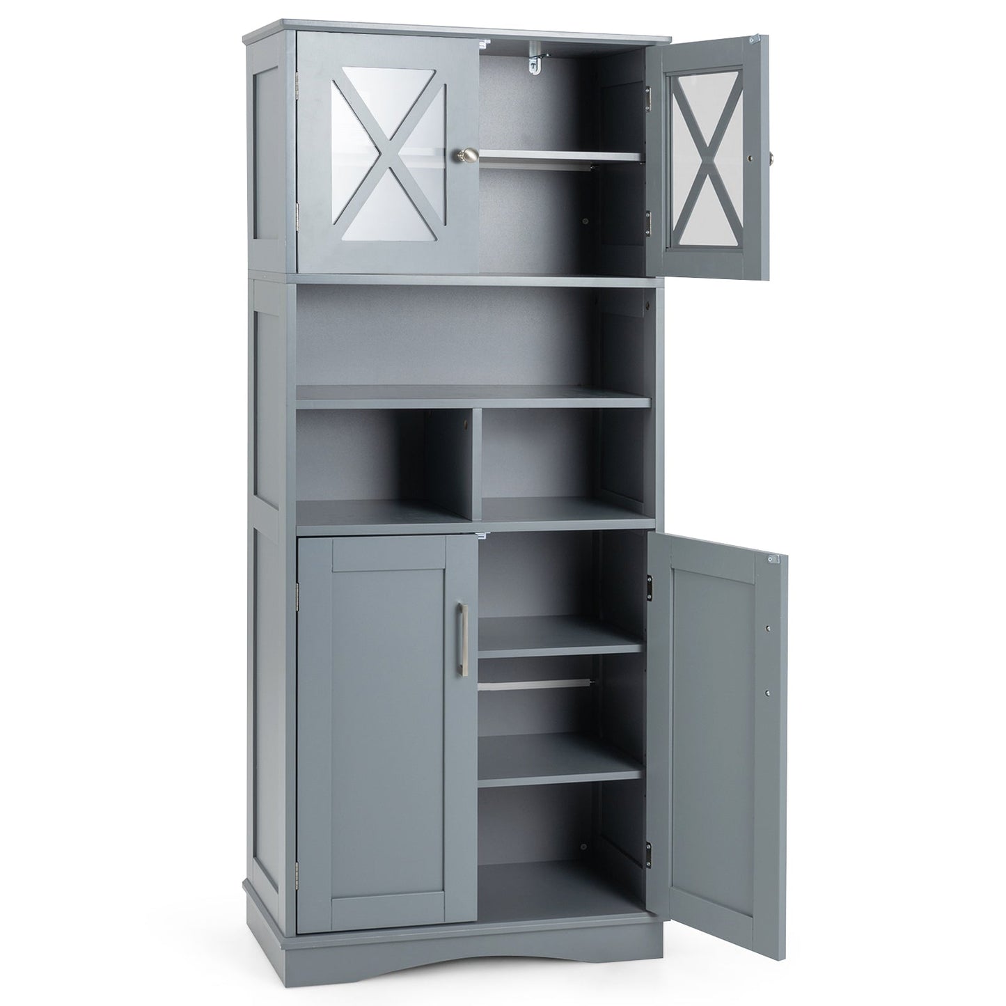 Tall Bathroom Floor Storage Cabinet with Acrylic Doors and 3 Cubes-Grey