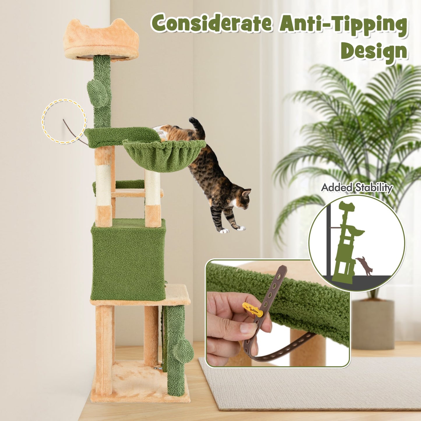 160 CM Cactus Cat Tree with Sisal Scratching Posts for Indoor Cats