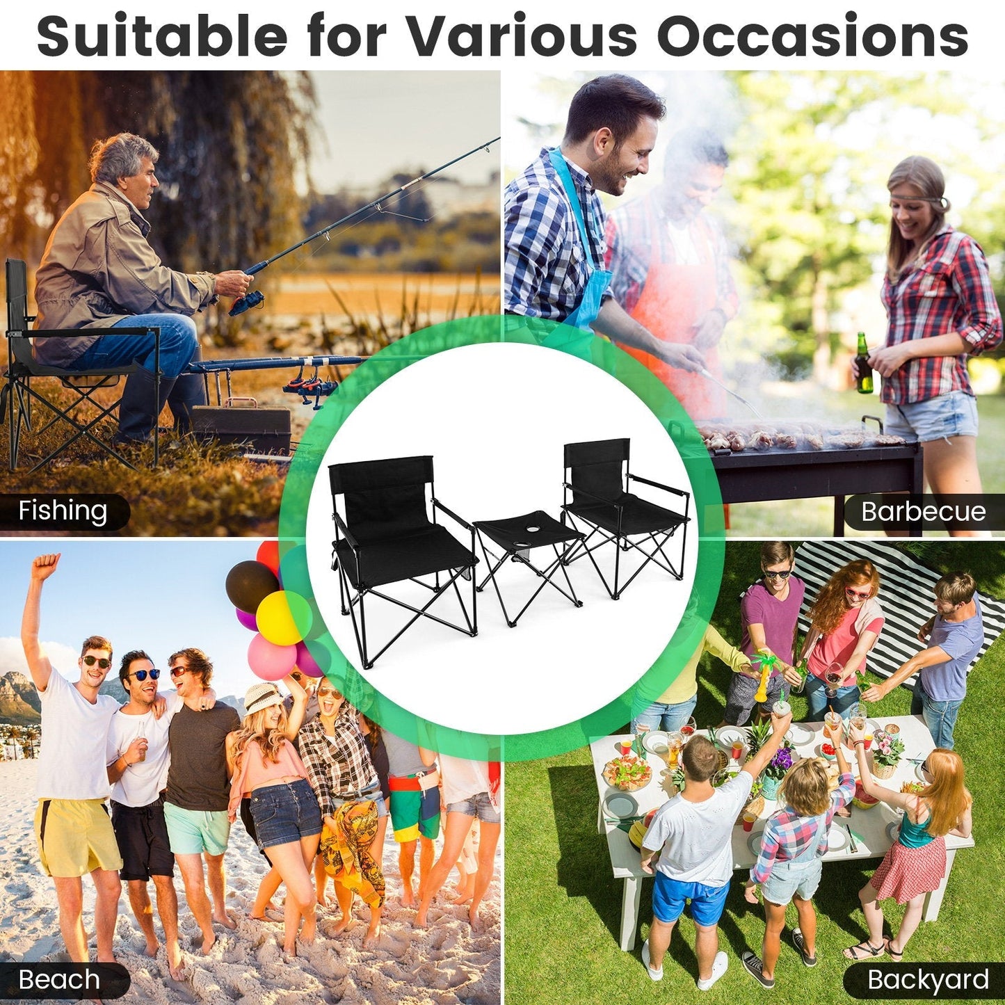 Outdoor Folding Camping Chairs and Table Set-Black