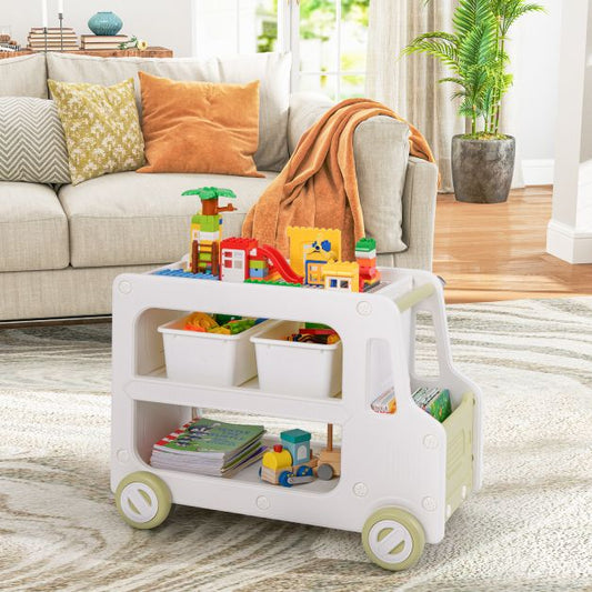 2 in 1 Car Shaped Toy Cabinet with Safe HDPE Frame and 2 Storage Baskets-White