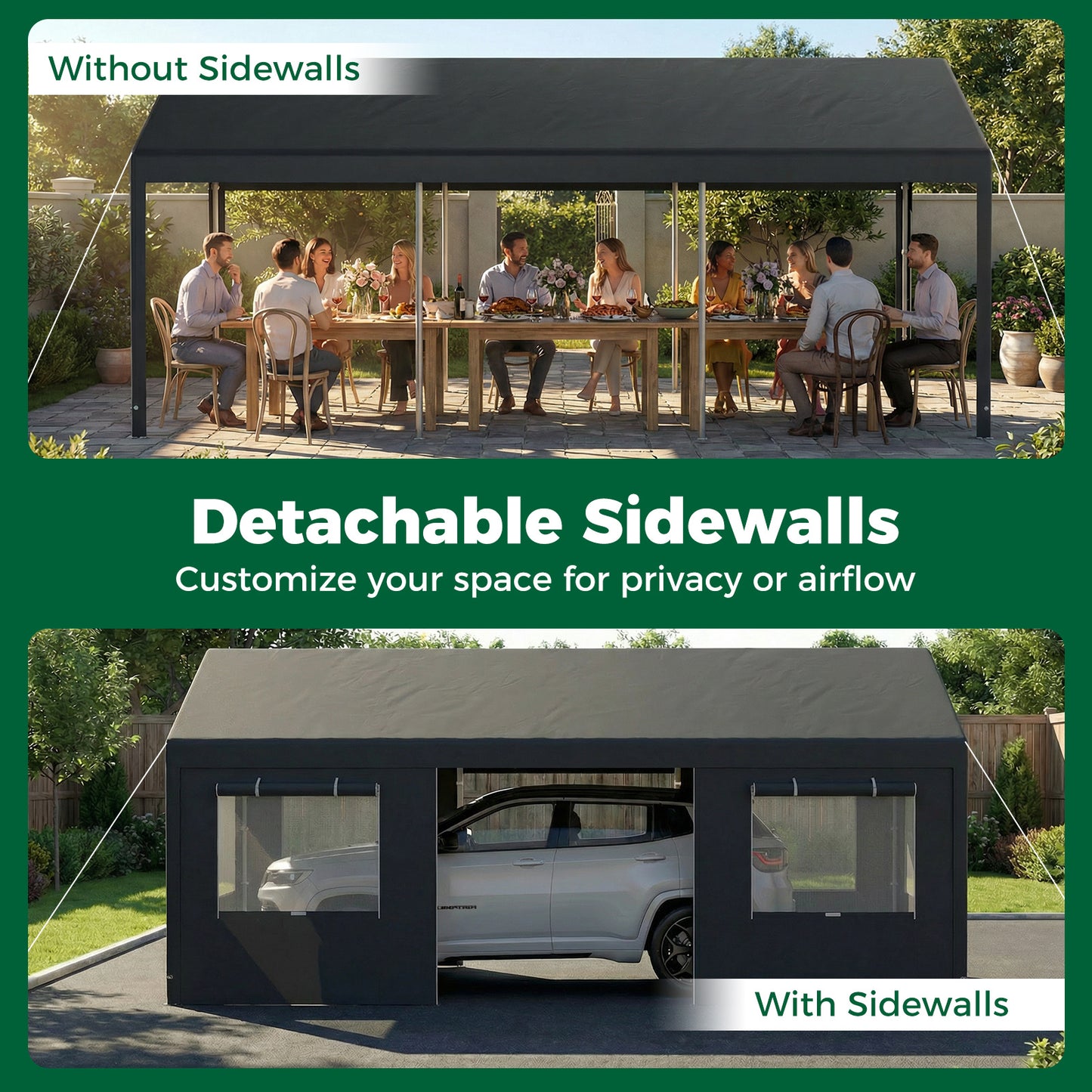 Carport Heavy-Duty Car Canopy with Roll-Up Ventilated Windows-Dark Grey