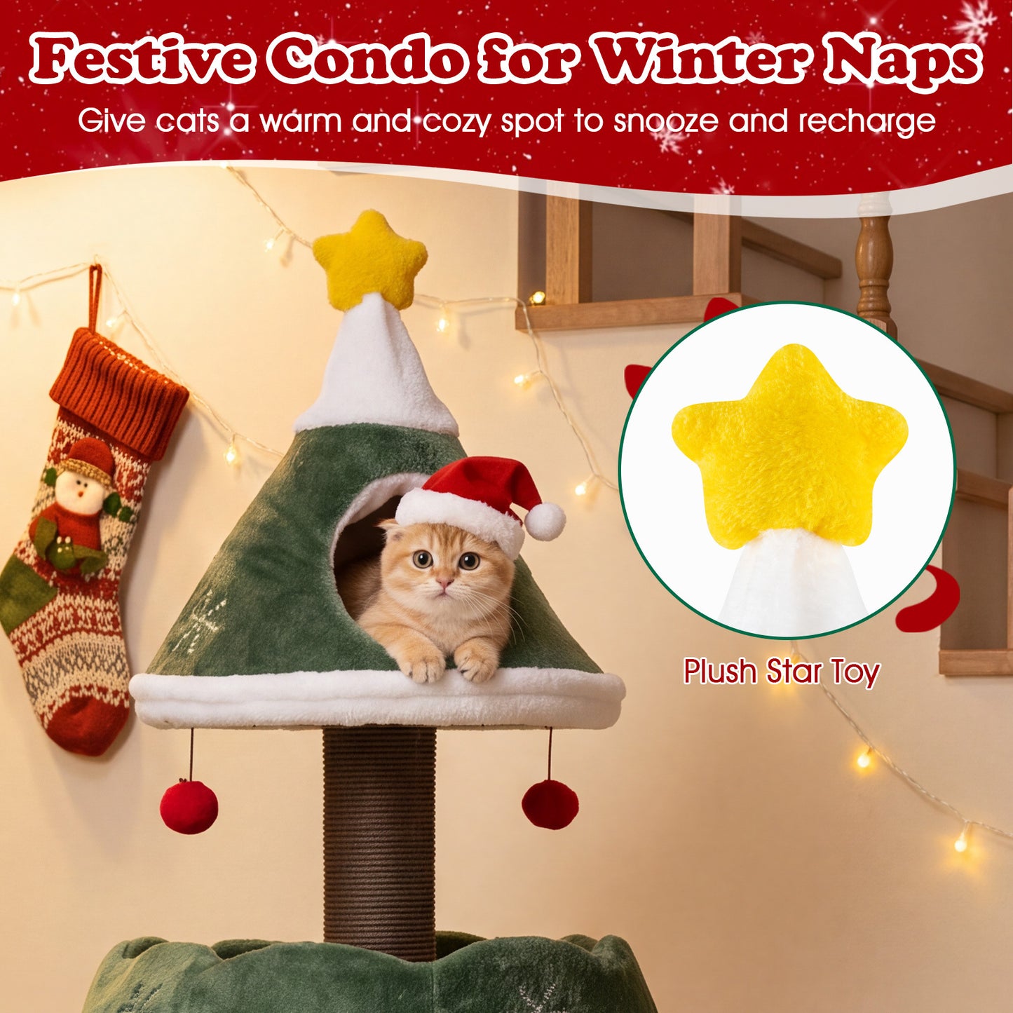 Cat Christmas Tree with Cozy Condo and Scratching Posts-Green