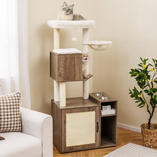 Cat Litter Box Enclosure with Sisal Scratching Post and Mat-Grey