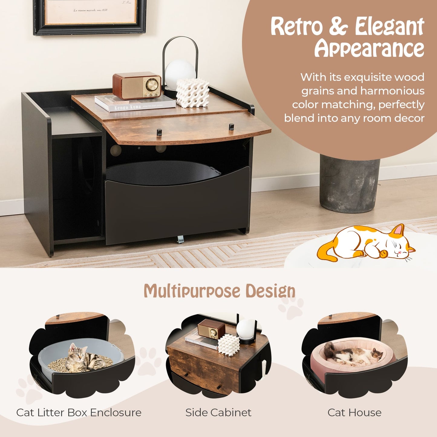 Cat Litter Box Enclosure with Pull-out Drawer, Rolling Caster and Flip Door-Black & Brown