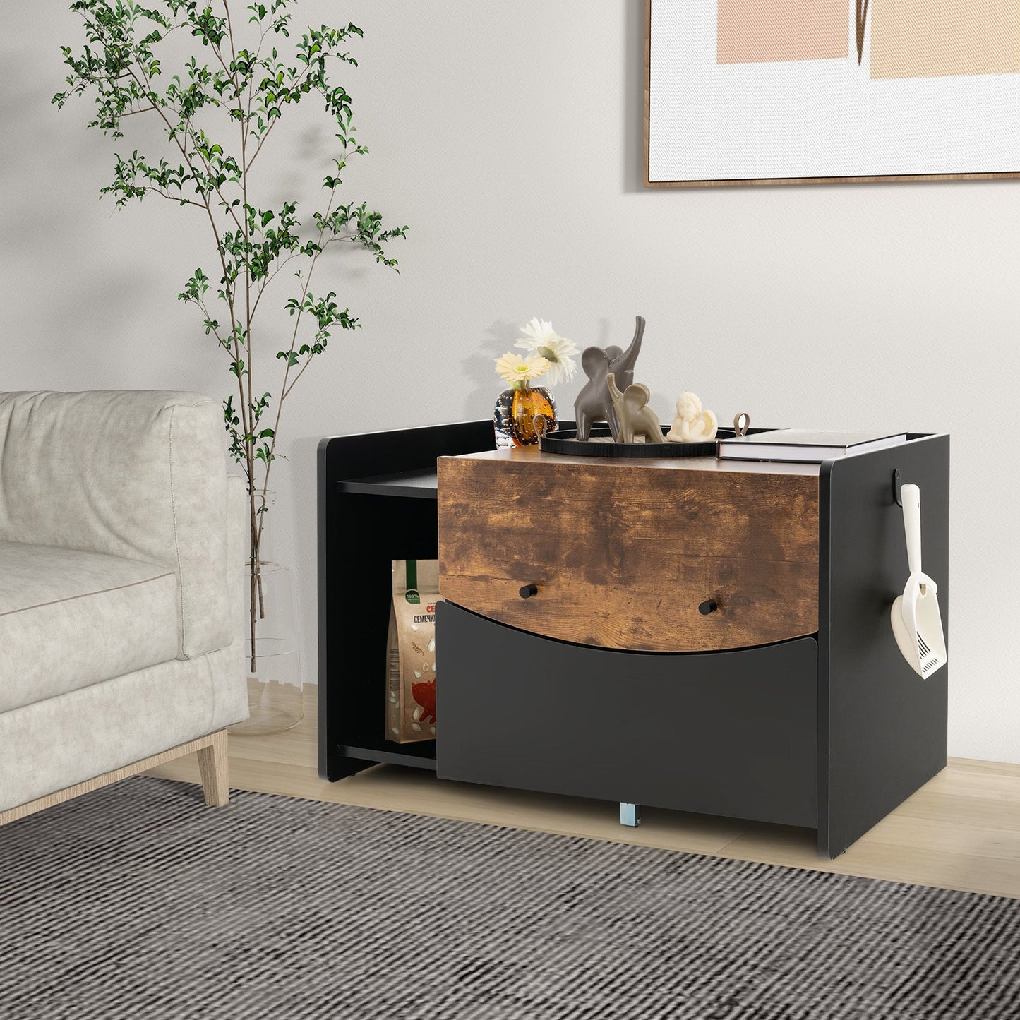 Cat Litter Box Enclosure with Pull-out Drawer, Rolling Caster and Flip Door-Black & Brown