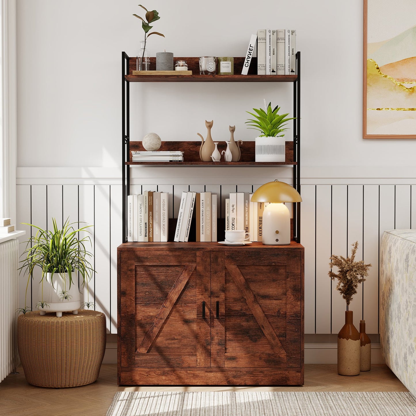 Modern Cat Litter Box Enclosure Cabinet with 3-Tier Shelves Metal Frame-Brown