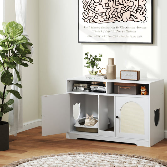 Cat Litter Box Enclosure for 2 Cats with Storage Double Rooms Scratching Board-White