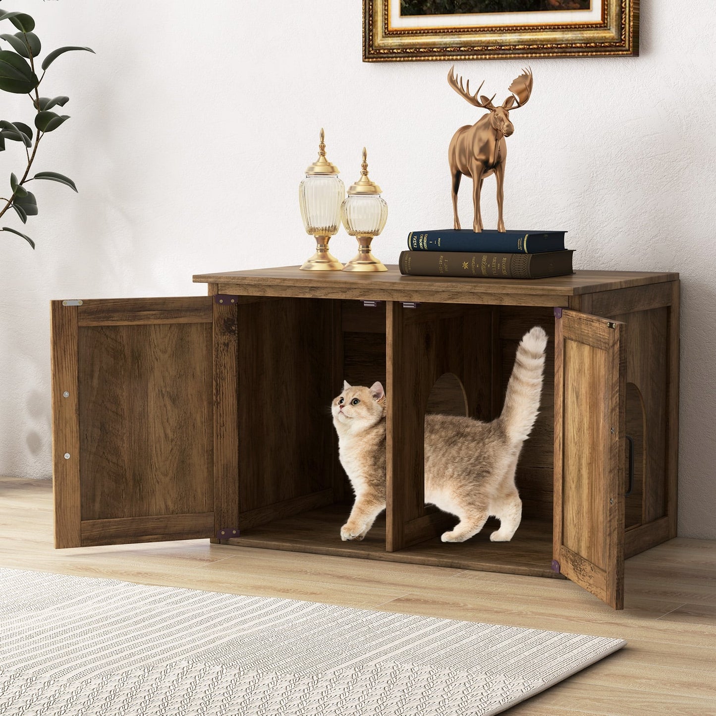 Cat Litter Box Enclosure with Countertop and Storage Cabinet-Oak