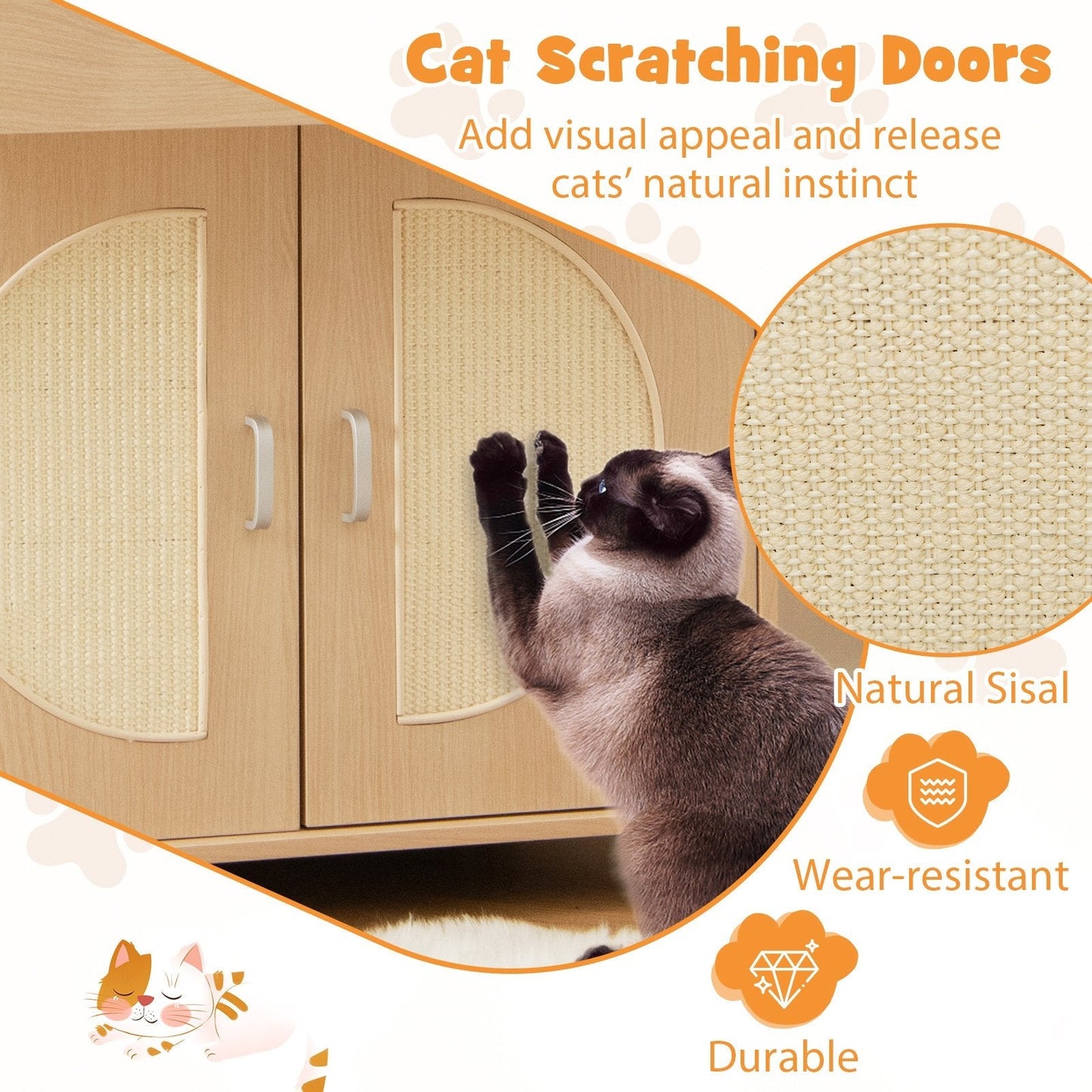 Cat Litter Box Enclosure with Sisal Scratching Doors and Drawer-Natural