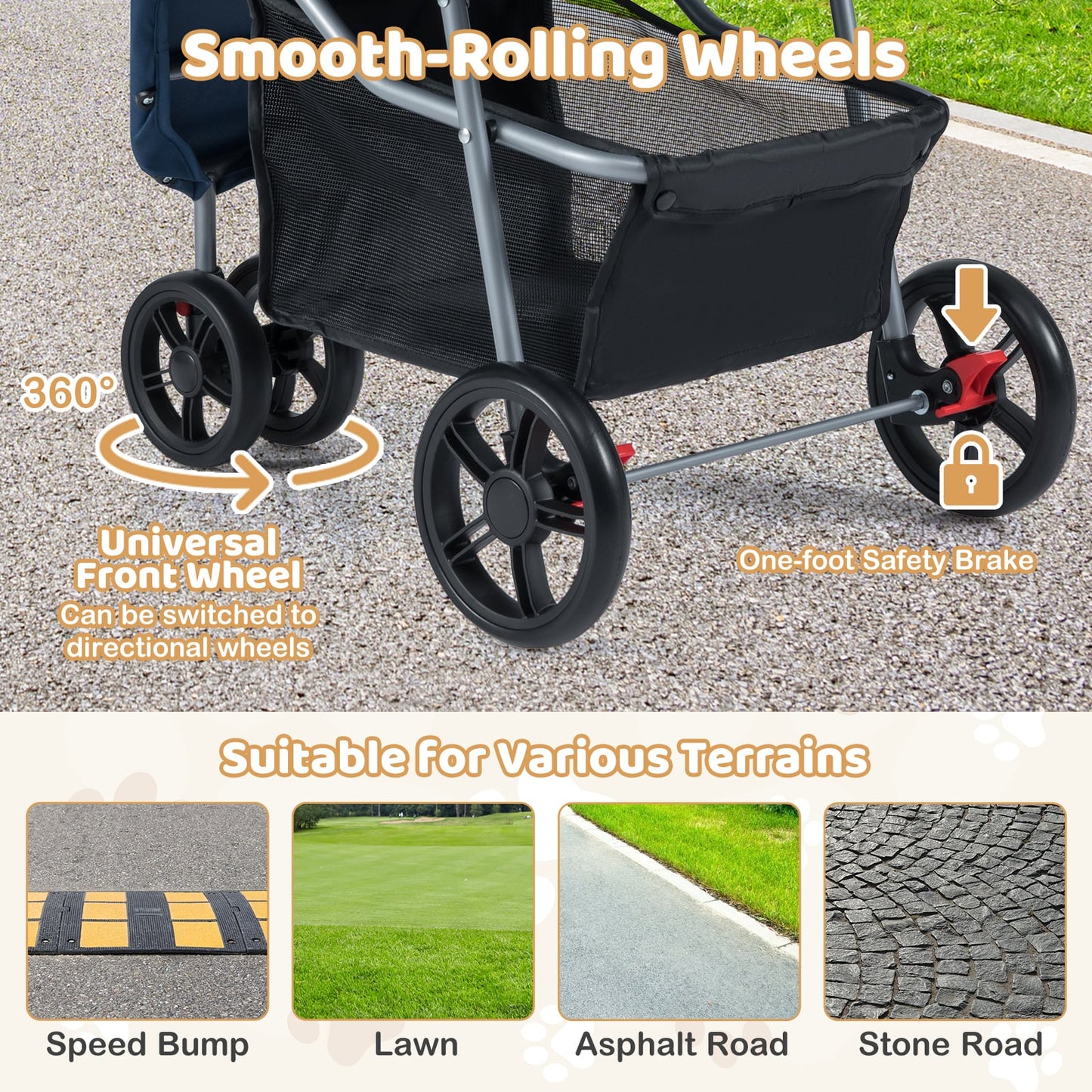 Pet Stroller with Adjustable Canopy and 3 Shock-absorbing Wheels-Navy
