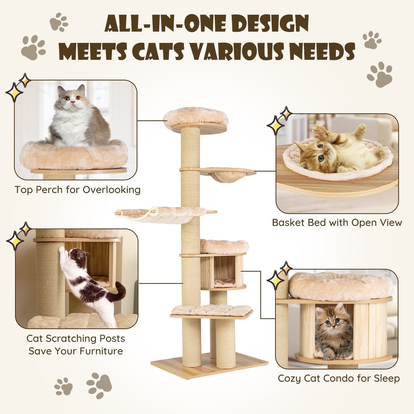 Modern Tall Cat Tree Tower with Wooden Cat Condo-Beige
